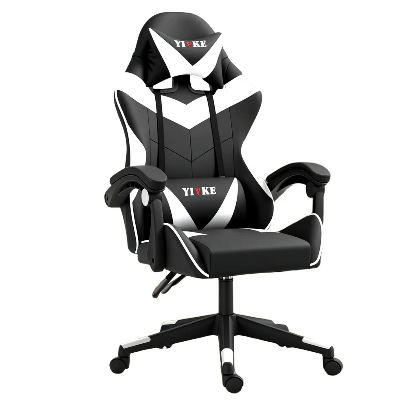 Chaise de jeu YT208 avec appui-tête et soutien lombaire, chaise de bureau de course en cuir PU, chaise de jeu haute réglable, design ergonomique à angle de 135° avec repose-pieds (noir et blanc)