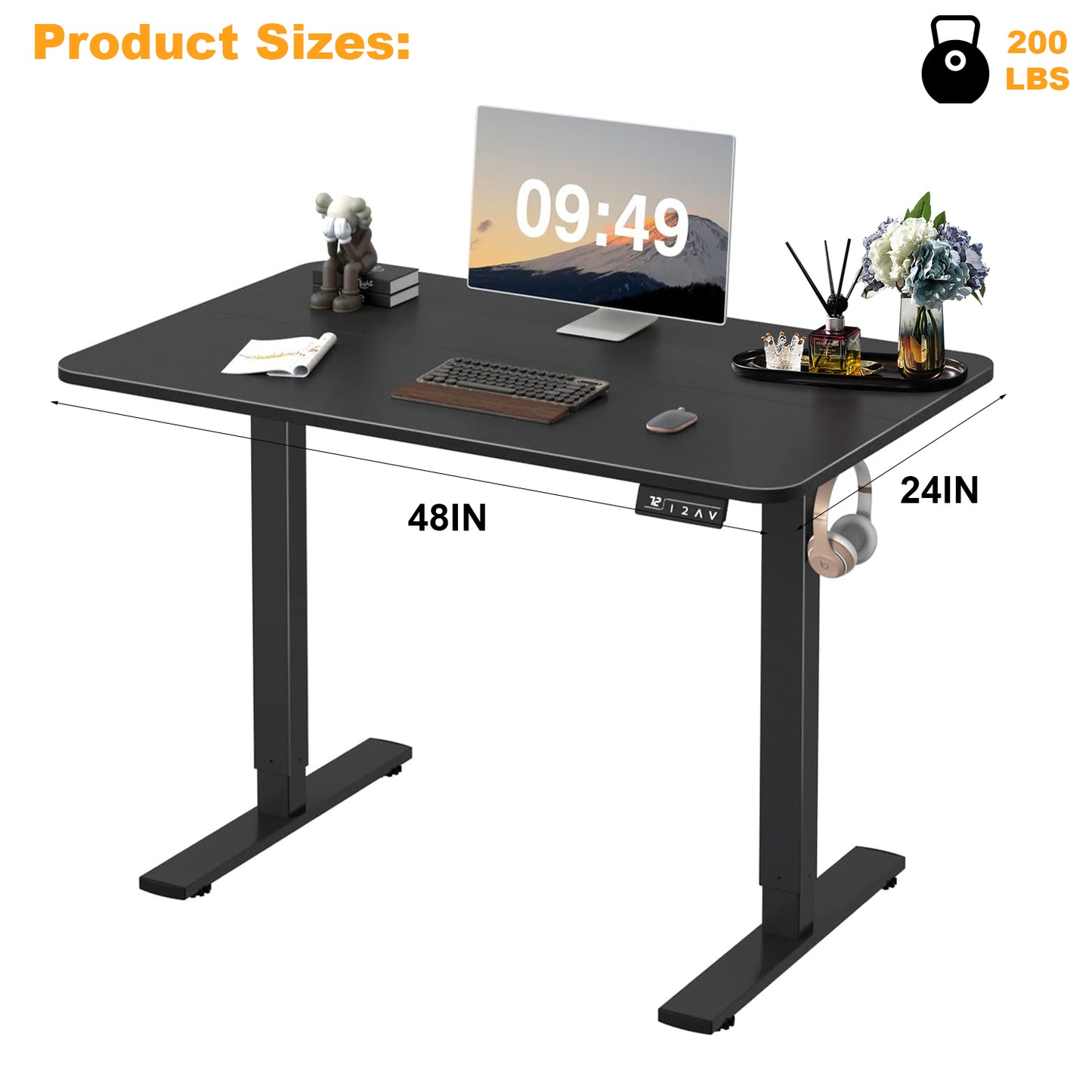 Height Adjustable Electric Standing Desk, Sit Stand Up Down Computer Table, 48 x 24 Inch Ergonomic Rising Modern Lift Motorized Gaming Desktop for Work Home Office, Black
