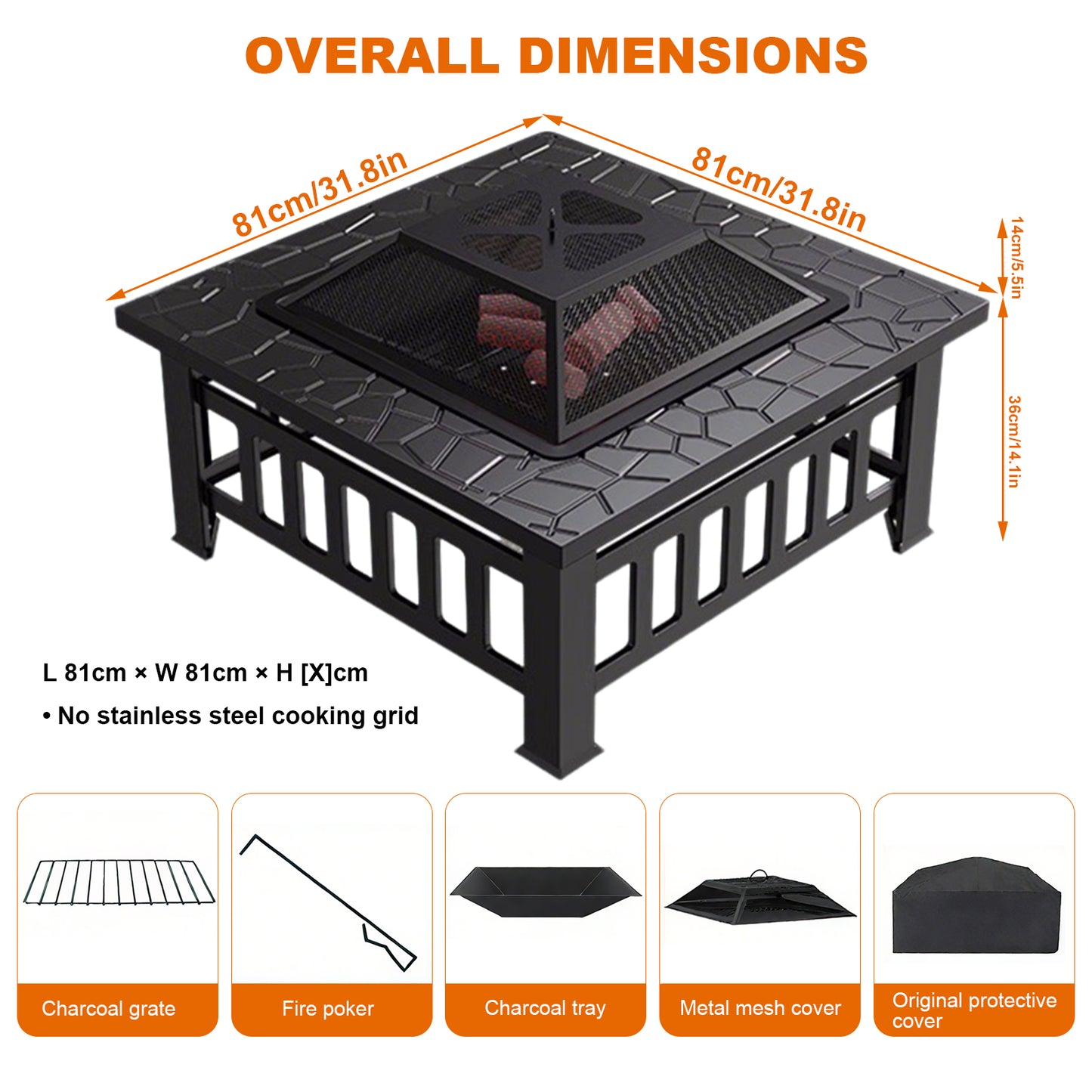 32" Fire Pit Table for Outside,Outdoor Fire Pit Square Wood Burning with Spark Screen Fire Poker for Camping,Backyard,Patio(Black)