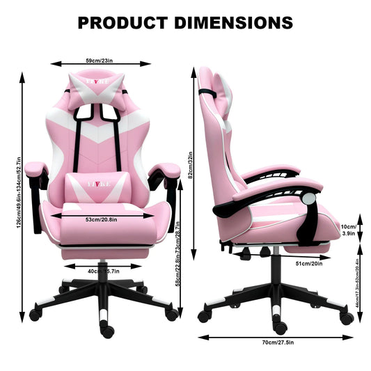 Chaise de jeu YT208F avec appui-tête et soutien lombaire, chaise de bureau de course en cuir PU, chaise de jeu haute réglable, angle de 135°, design ergonomique avec repose-pieds (blanc rose)