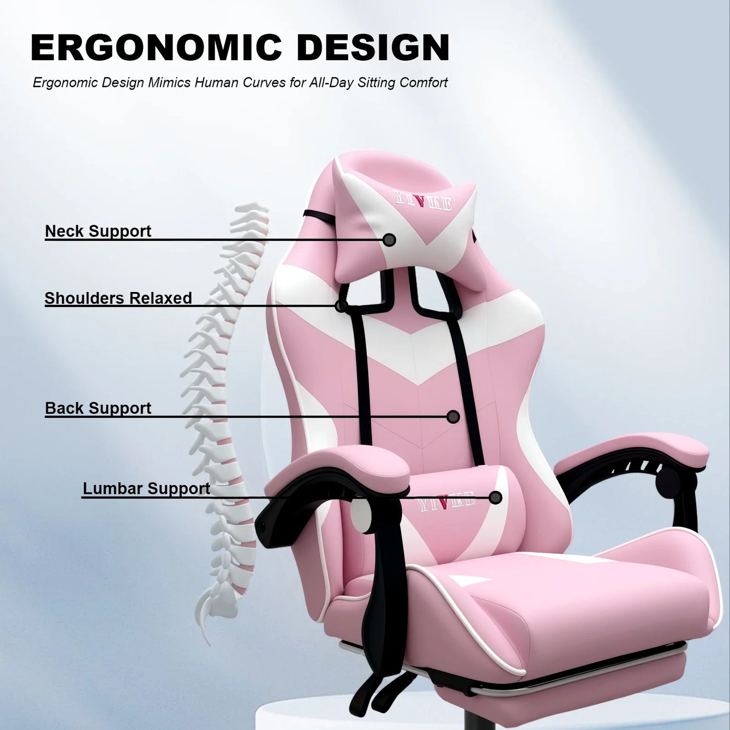 Chaise de jeu YT208F avec appui-tête et soutien lombaire, chaise de bureau de course en cuir PU, chaise de jeu haute réglable, angle de 135°, design ergonomique avec repose-pieds (blanc rose)