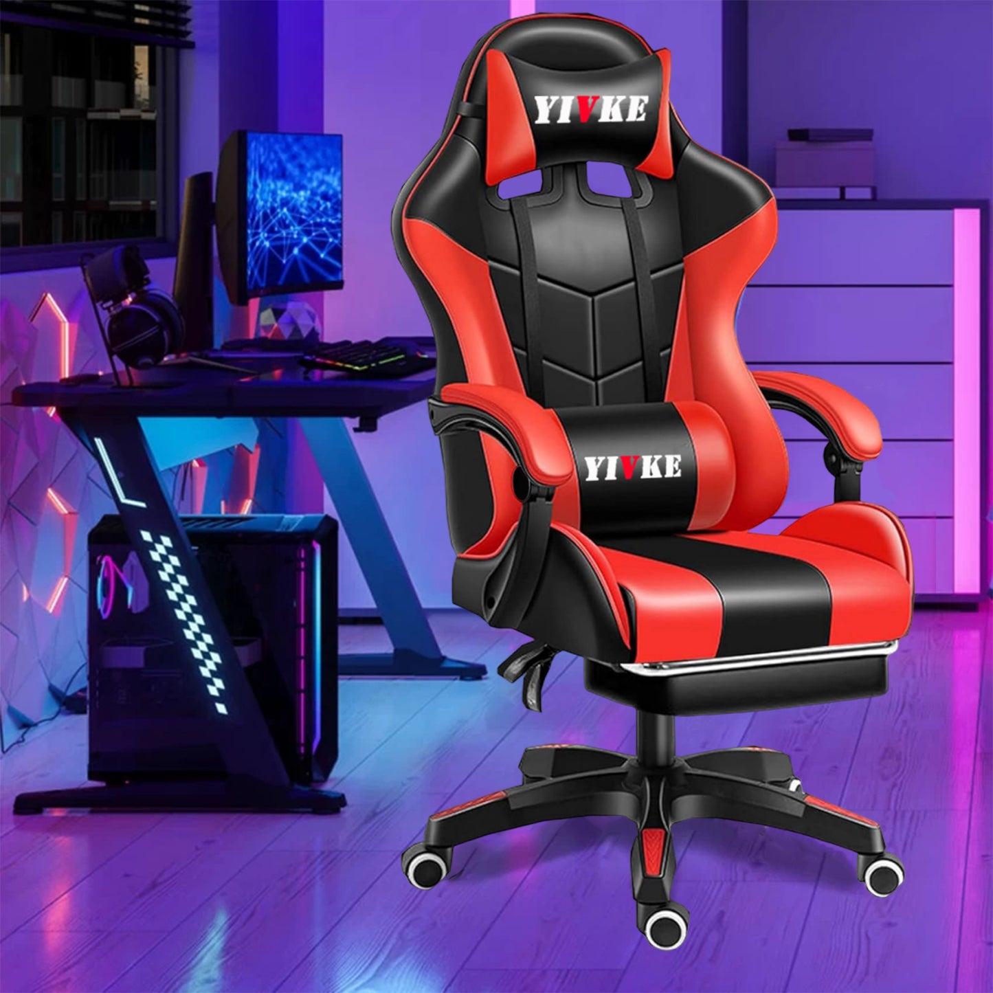 Chaise de jeu YT813 avec appui-tête et soutien lombaire, chaise de bureau de course en cuir PU, chaise de jeu haute réglable, conception ergonomique à angle de 135° avec repose-pieds
