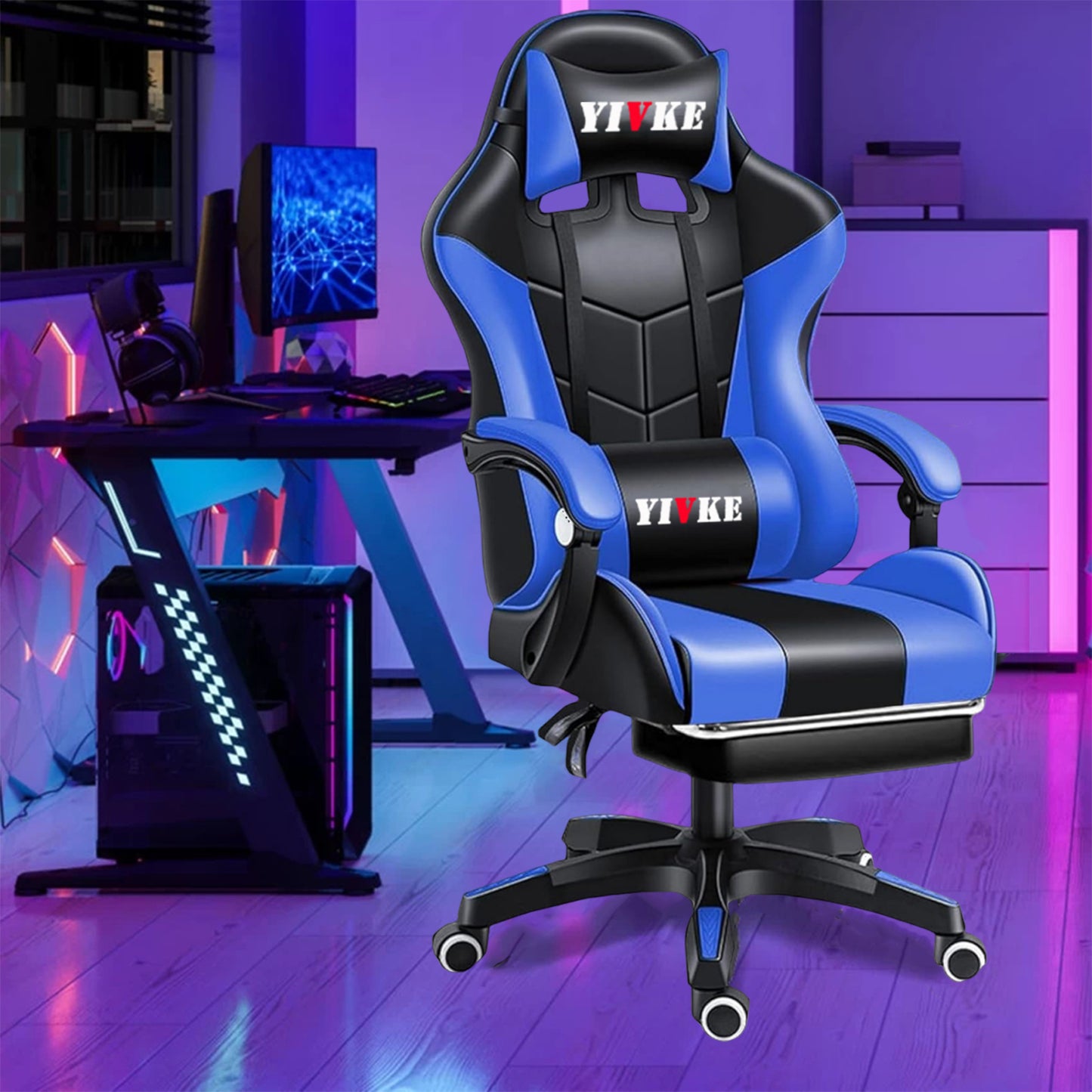 Chaise de jeu YT813 avec appui-tête et soutien lombaire, chaise de bureau de course en cuir PU, chaise de jeu haute réglable, conception ergonomique à angle de 135° avec repose-pieds