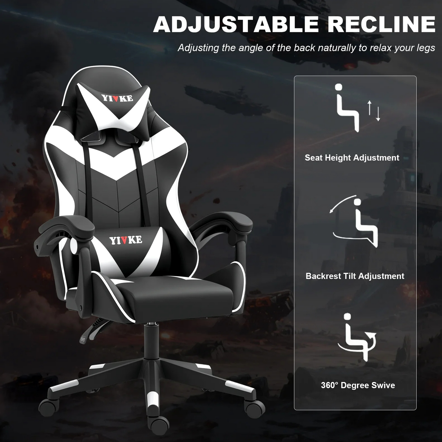 Chaise de jeu YT208 avec appui-tête et soutien lombaire, chaise de bureau de course en cuir PU, chaise de jeu haute réglable, design ergonomique à angle de 135° avec repose-pieds (noir et blanc)