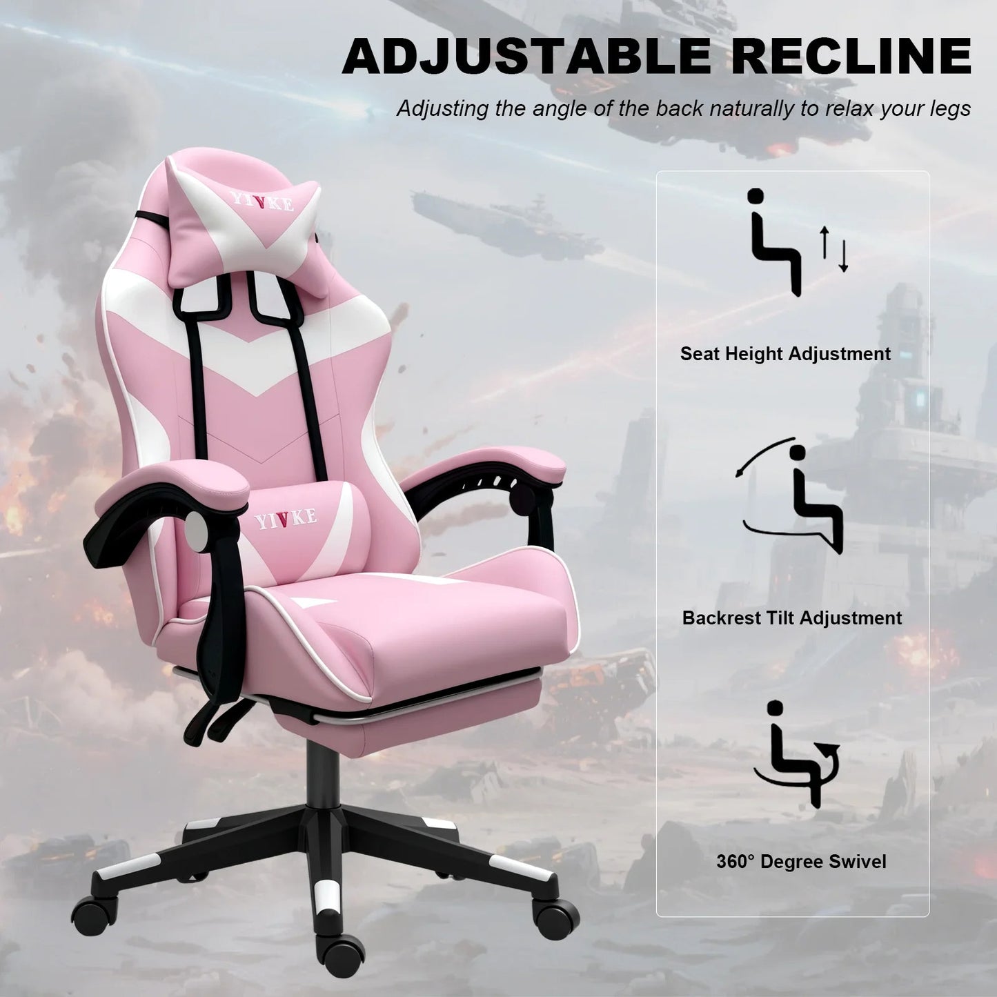 Chaise de jeu YT208F avec appui-tête et soutien lombaire, chaise de bureau de course en cuir PU, chaise de jeu haute réglable, angle de 135°, design ergonomique avec repose-pieds (blanc rose)