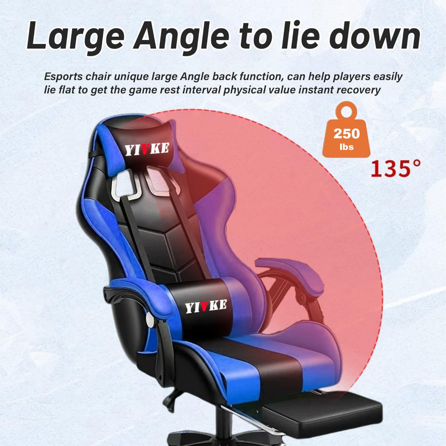 Chaise de jeu YT813 avec appui-tête et soutien lombaire, chaise de bureau de course en cuir PU, chaise de jeu haute réglable, conception ergonomique à angle de 135° avec repose-pieds