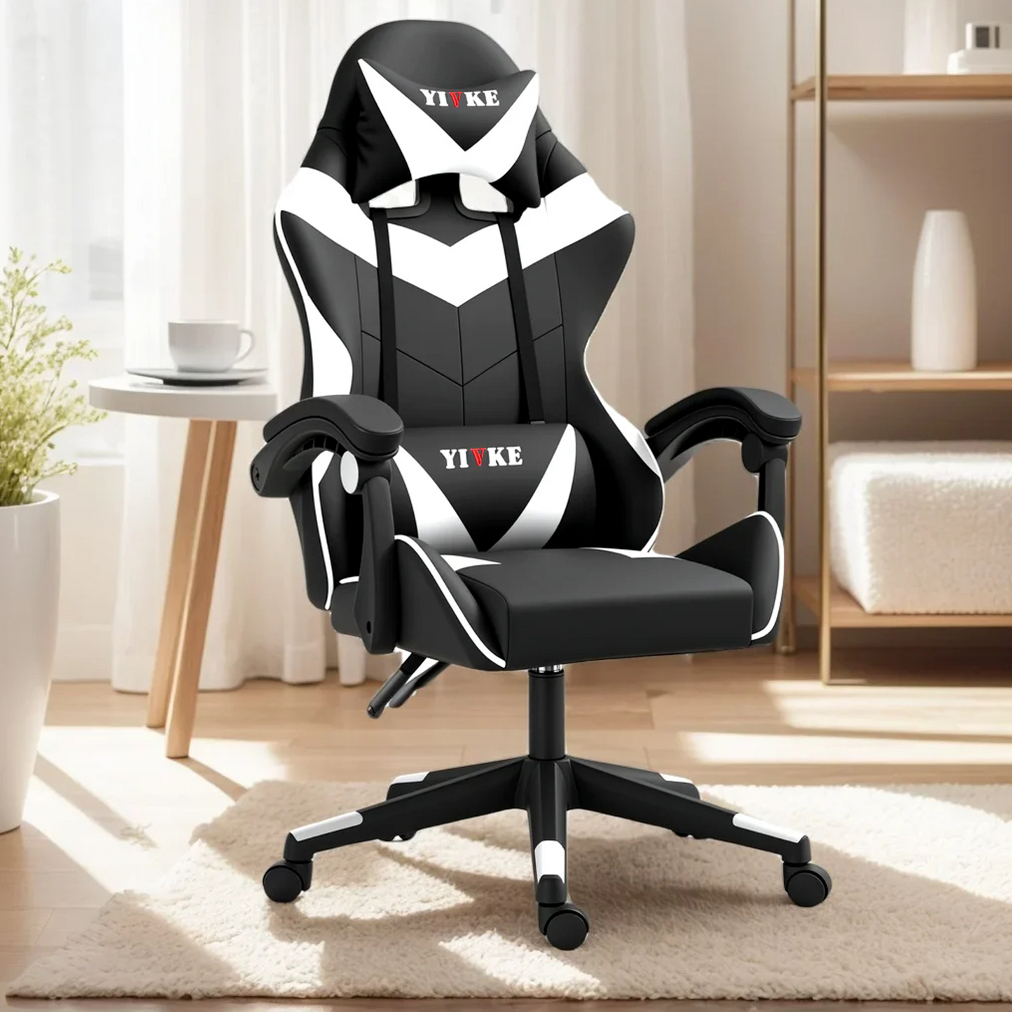 Chaise de jeu YT208 avec appui-tête et soutien lombaire, chaise de bureau de course en cuir PU, chaise de jeu haute réglable, design ergonomique à angle de 135° avec repose-pieds (noir et blanc)