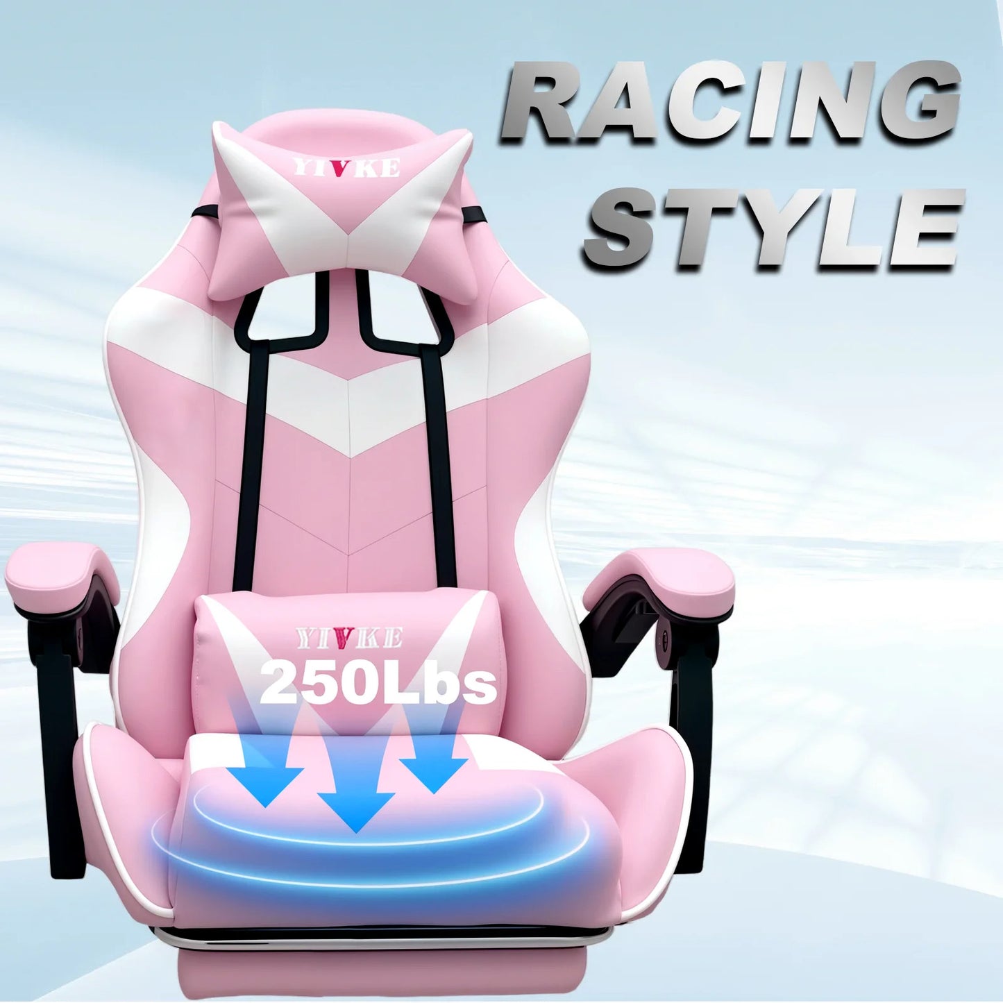 Chaise de jeu YT208F avec appui-tête et soutien lombaire, chaise de bureau de course en cuir PU, chaise de jeu haute réglable, angle de 135°, design ergonomique avec repose-pieds (blanc rose)