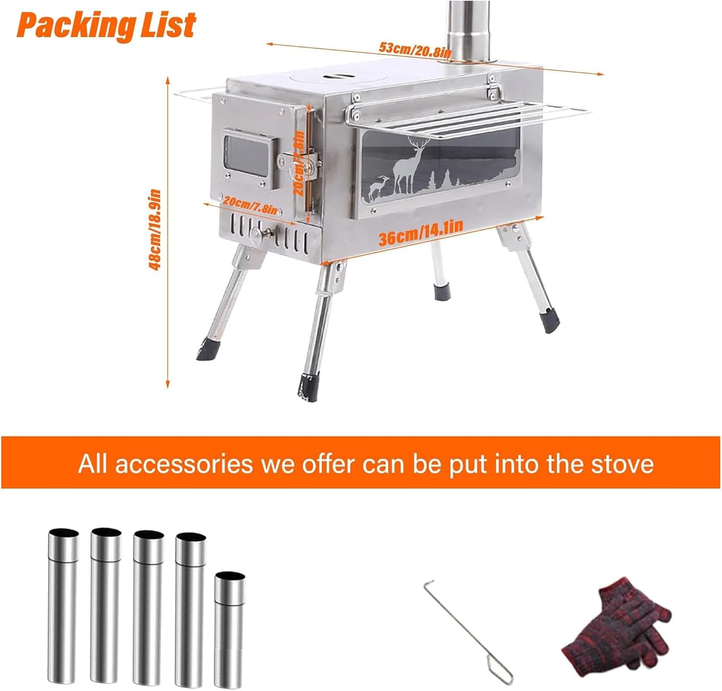 Poêle à bois en titane avec fenêtre latérale, poêle à bois pour tente avec conduits de cheminée, réchaud de camping pliable et portable, robuste, verre résistant à la chaleur et gants