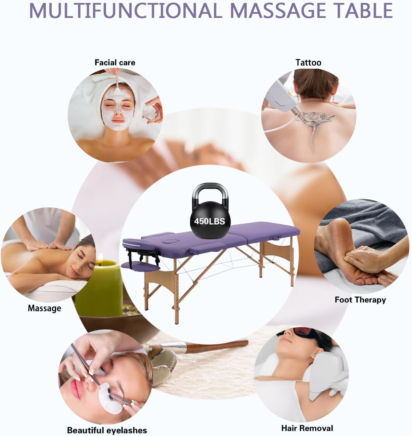 Yivke 72.8" Massage Table, Portable Massage Bed, 450LBS Capacity, One-Hand Portable, 24"-34.6" Adjustable Height for Lash/Facial/Message (Purple)