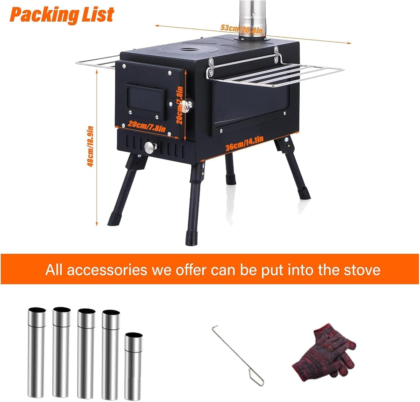 Poêle à bois en titane avec fenêtre latérale, poêle à bois pour tente avec conduits de cheminée, réchaud de camping pliable et portable, robuste, verre résistant à la chaleur et gants