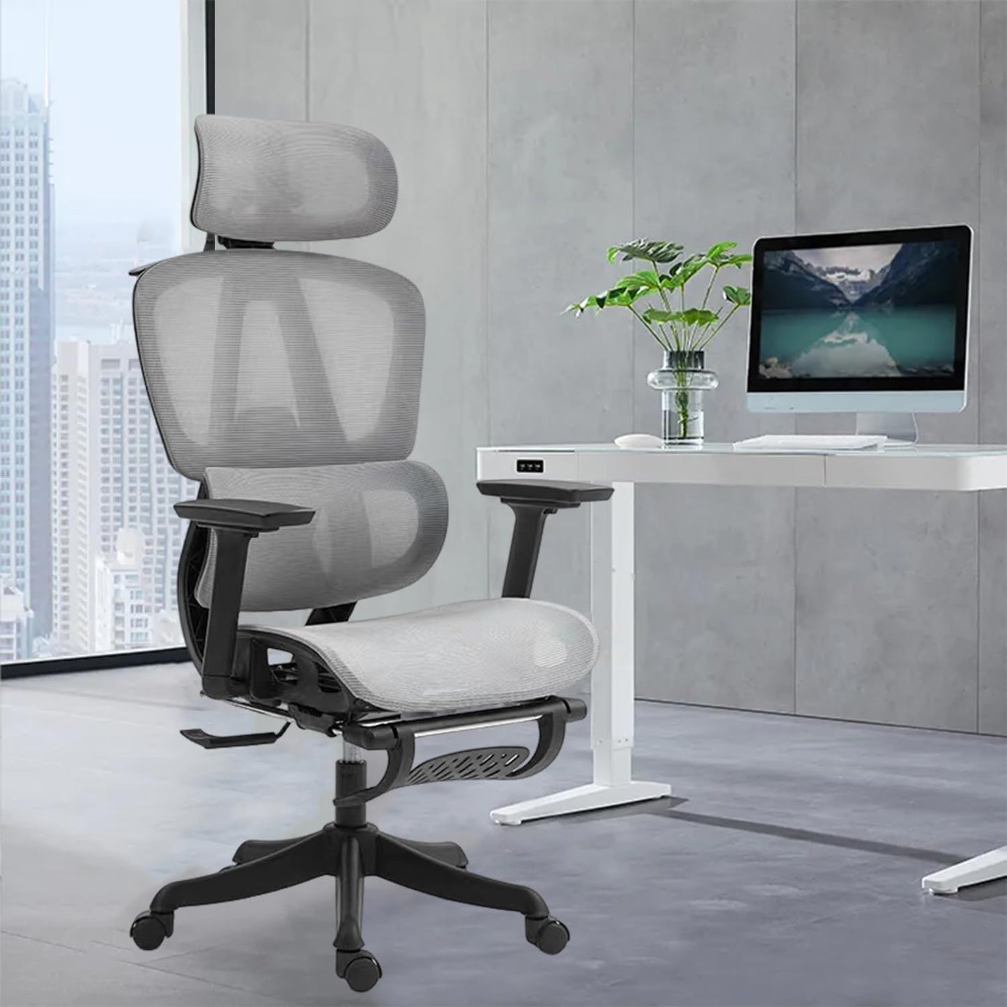 Chaise de bureau ergonomique Yivke, accoudoirs 3D, dossier et appuie-tête réglables en 3 positions, chaise de jeu avec support lombaire adaptatif, roulettes à roulettes, chaise en maille respirante pour le bureau à domicile