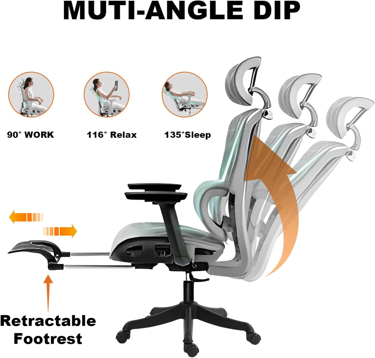 Chaise de bureau ergonomique Yivke, accoudoirs 3D, dossier et appuie-tête réglables en 3 positions, chaise de jeu avec support lombaire adaptatif, roulettes à roulettes, chaise en maille respirante pour le bureau à domicile