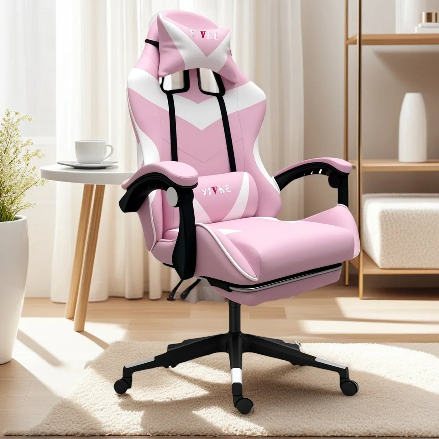 Chaise de jeu YT208F avec appui-tête et soutien lombaire, chaise de bureau de course en cuir PU, chaise de jeu haute réglable, angle de 135°, design ergonomique avec repose-pieds (blanc rose)