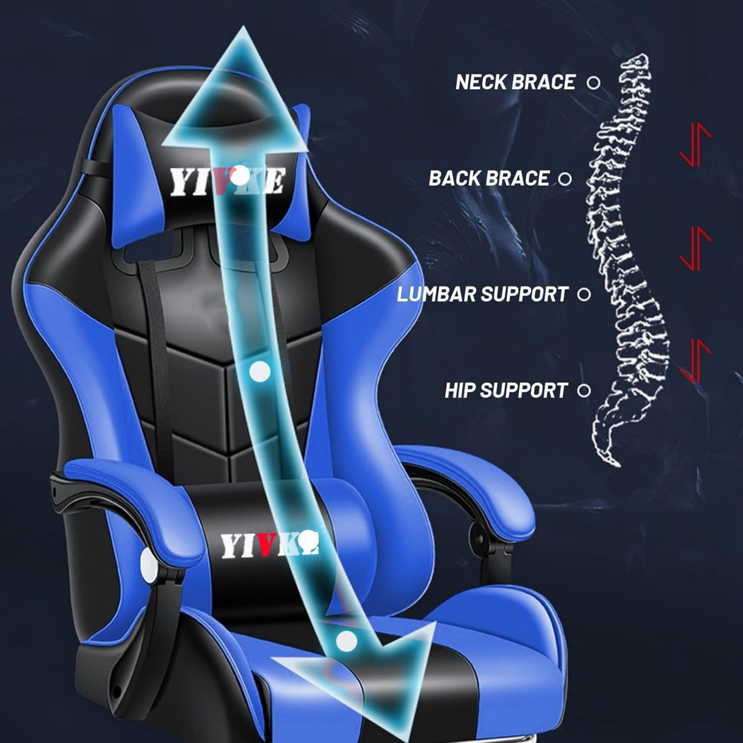 Chaise de jeu YT813 avec appui-tête et soutien lombaire, chaise de bureau de course en cuir PU, chaise de jeu haute réglable, conception ergonomique à angle de 135° avec repose-pieds
