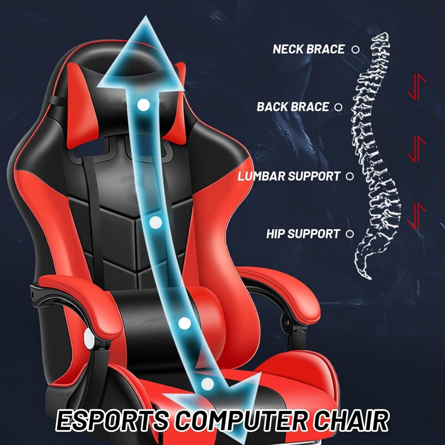 Chaise de jeu YT813 avec appui-tête et soutien lombaire, chaise de bureau de course en cuir PU, chaise de jeu haute réglable, conception ergonomique à angle de 135° avec repose-pieds
