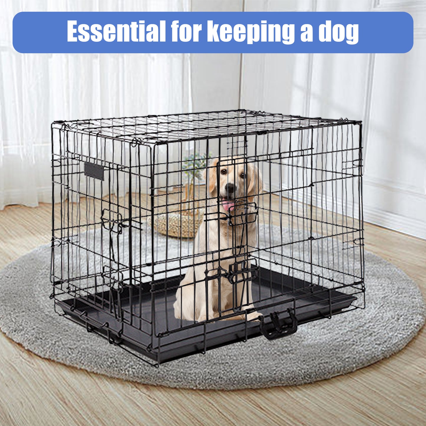 Yivke Dog Crate, Dog Cage Double Door Foldable Dog Kennel with Leak-Proof Tray, Metal Wire Heavy Duty Pet Animal Crate for Outdoor Indoor, Black