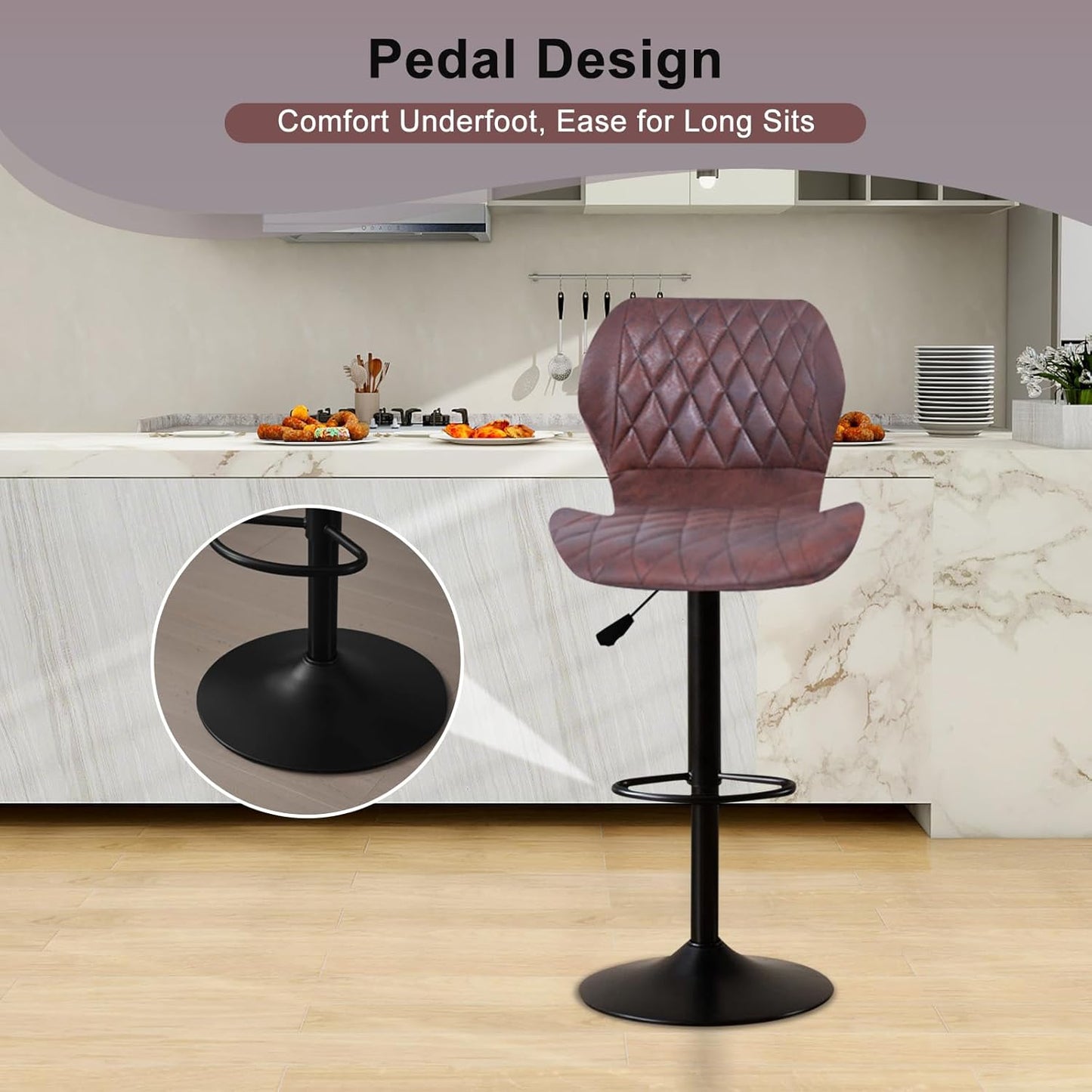 Bar Stools Set of 2, Swivel BarStools for Kitchen, Adjustable PU Leather Bar Chairs, Modern Armless Kitchen Island Stool, Height Adjustable Counter Stool Barstools Dining Chair with Back, Red