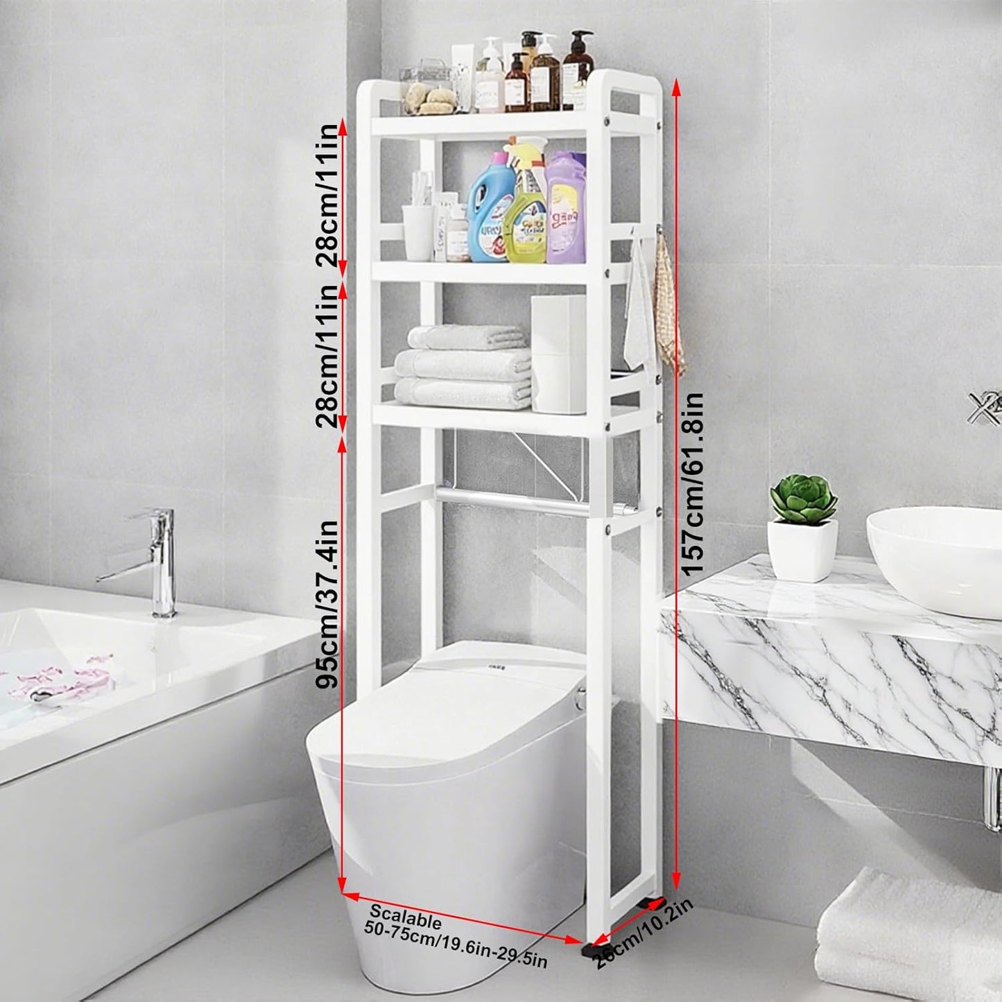 Yivke Over-The-Toilet Storage Rack, Adjustable Bathroom Organizer Shelf Over Toilet, Freestanding Storage Shelf with 4 Hooks for Bathroom, Freestanding Saver Shelf for Bathroom,Kitchen, White
