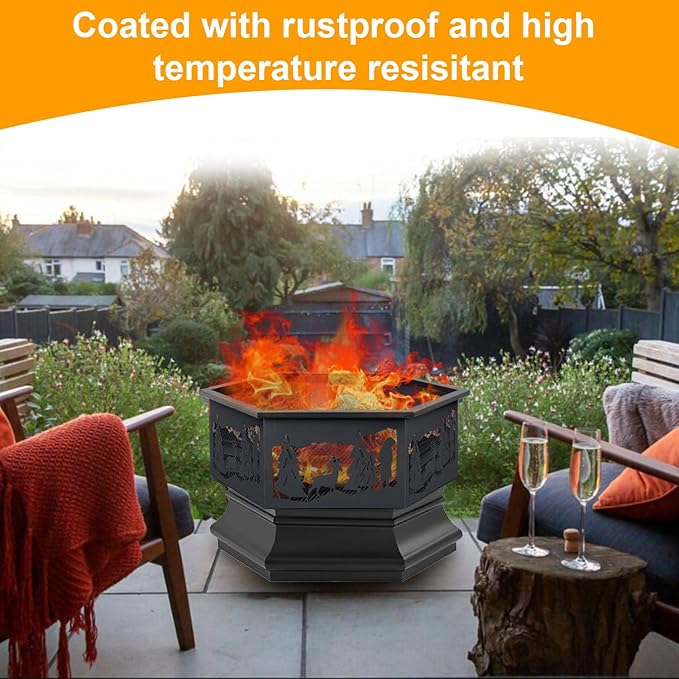 24'' Hexagon Outdoor Fire Pit Wood Burning Outdoor Fireplace with Poker and Mesh Patio Fire Pit Hex Shaped Fire Bowl Stove with Spark Screen Cover for Outdoor Outside Camping Picnic Garden Black