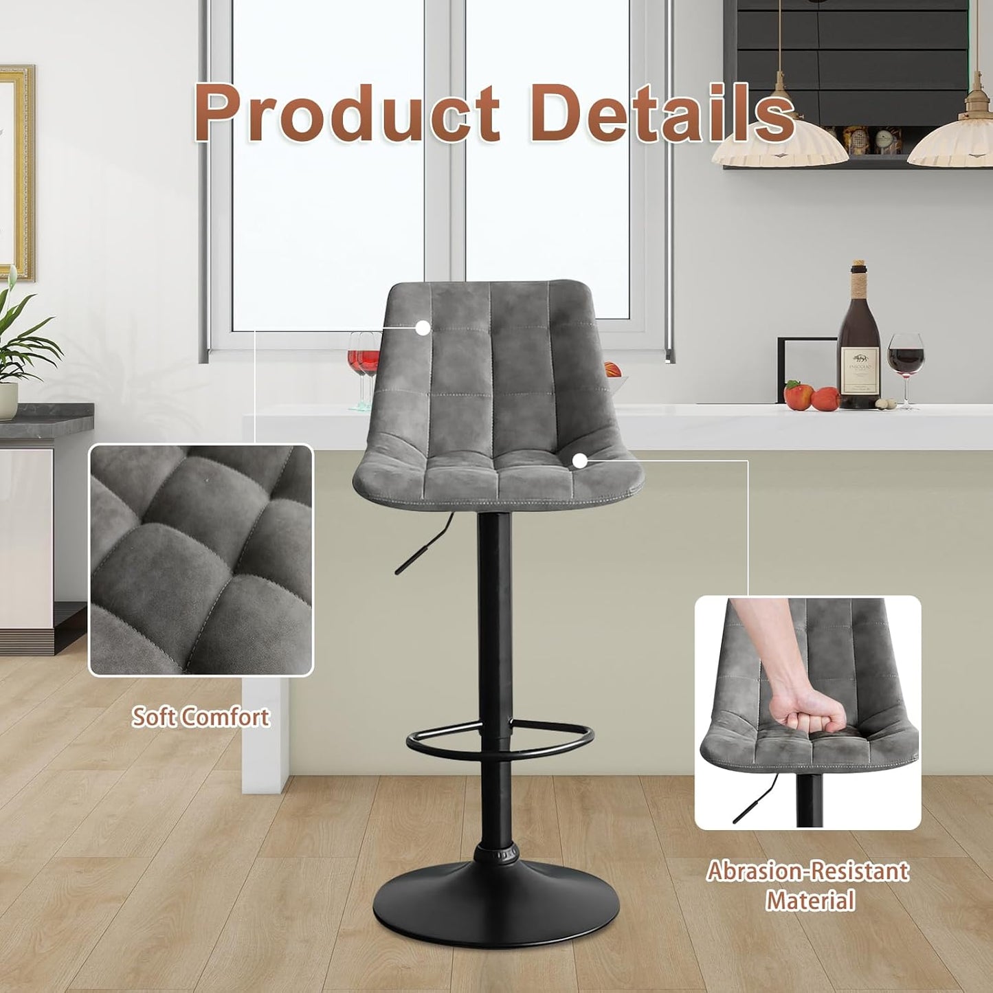 Bar Stools Set of 2, Swivel BarStools for Kitchen, Adjustable PU Leather Bar Chairs, Modern Armless Kitchen Island Stool, Height Adjustable Counter Stool Barstools Dining Chair with Back, Grey