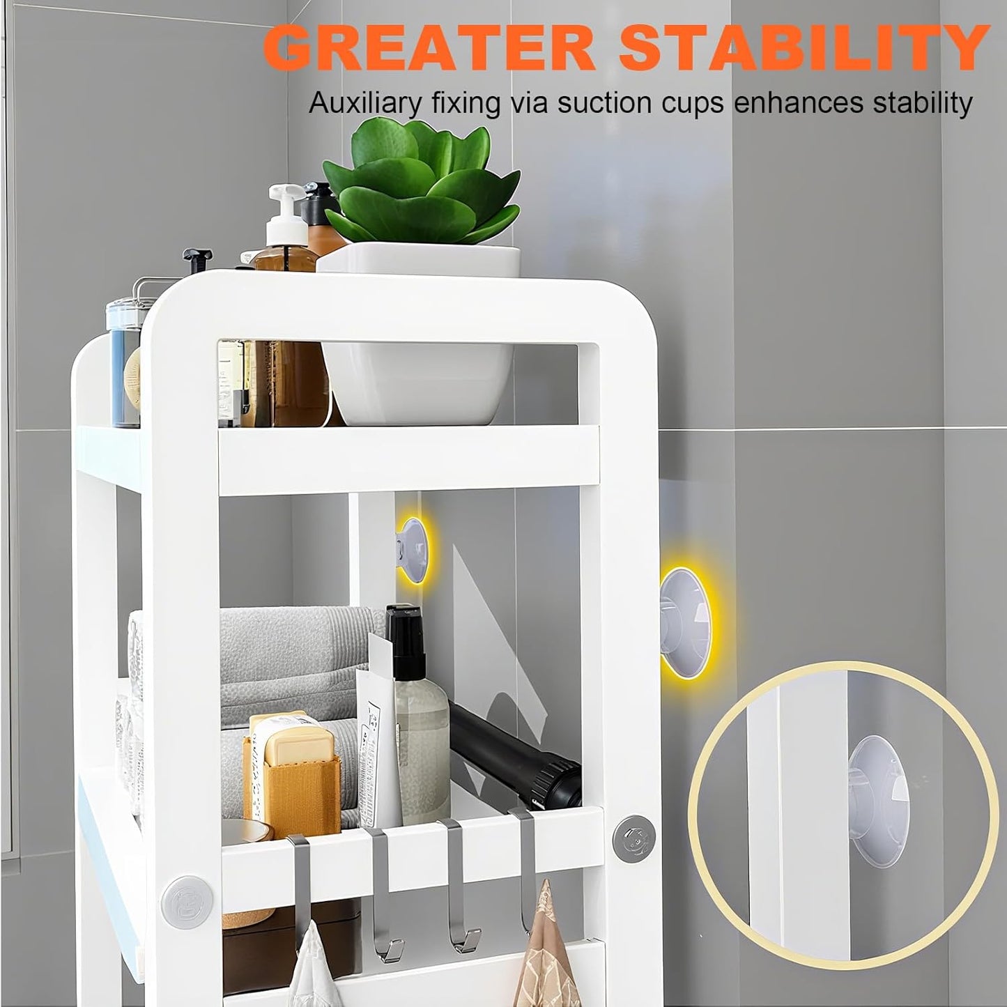 Yivke Over-The-Toilet Storage Rack, Adjustable Bathroom Organizer Shelf Over Toilet, Freestanding Storage Shelf with 4 Hooks for Bathroom, Freestanding Saver Shelf for Bathroom,Kitchen, White