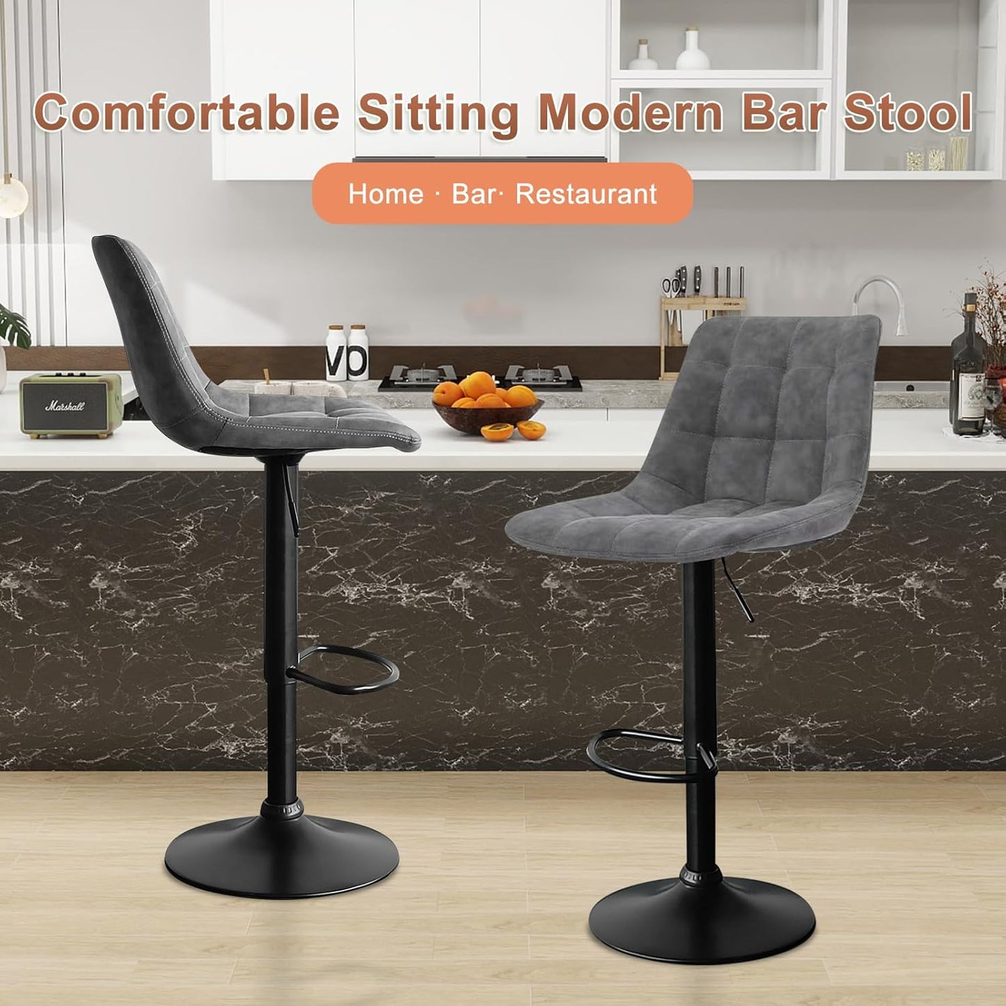 Bar Stools Set of 2, Swivel BarStools for Kitchen, Adjustable PU Leather Bar Chairs, Modern Armless Kitchen Island Stool, Height Adjustable Counter Stool Barstools Dining Chair with Back, Grey
