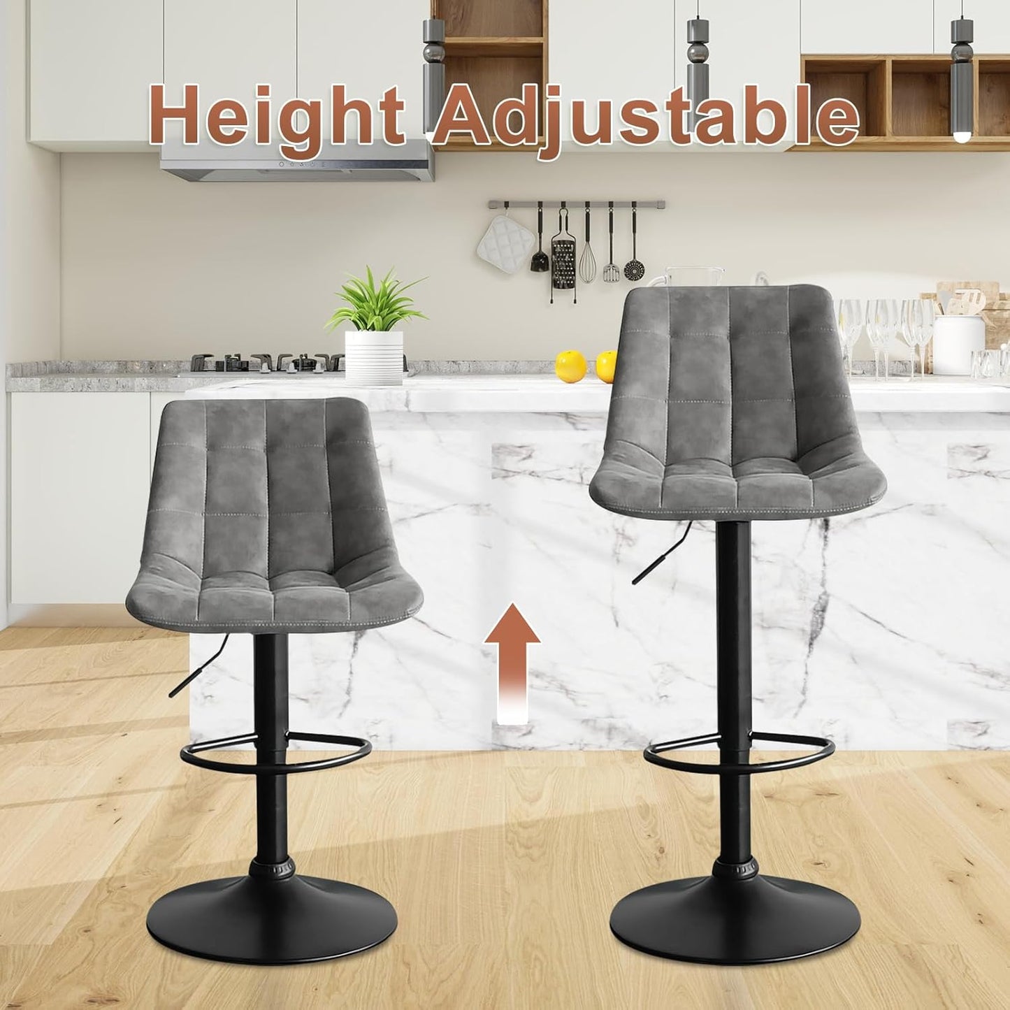 Bar Stools Set of 2, Swivel BarStools for Kitchen, Adjustable PU Leather Bar Chairs, Modern Armless Kitchen Island Stool, Height Adjustable Counter Stool Barstools Dining Chair with Back, Grey