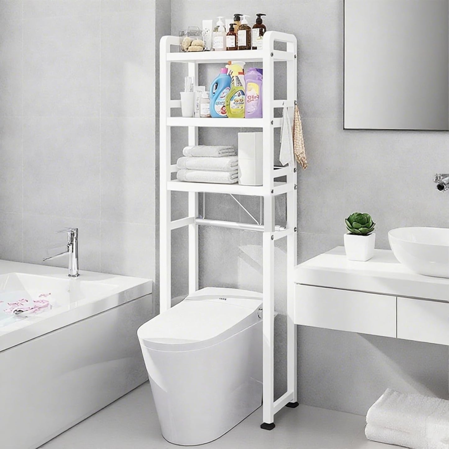 Yivke Over-The-Toilet Storage Rack, Adjustable Bathroom Organizer Shelf Over Toilet, Freestanding Storage Shelf with 4 Hooks for Bathroom, Freestanding Saver Shelf for Bathroom,Kitchen, White