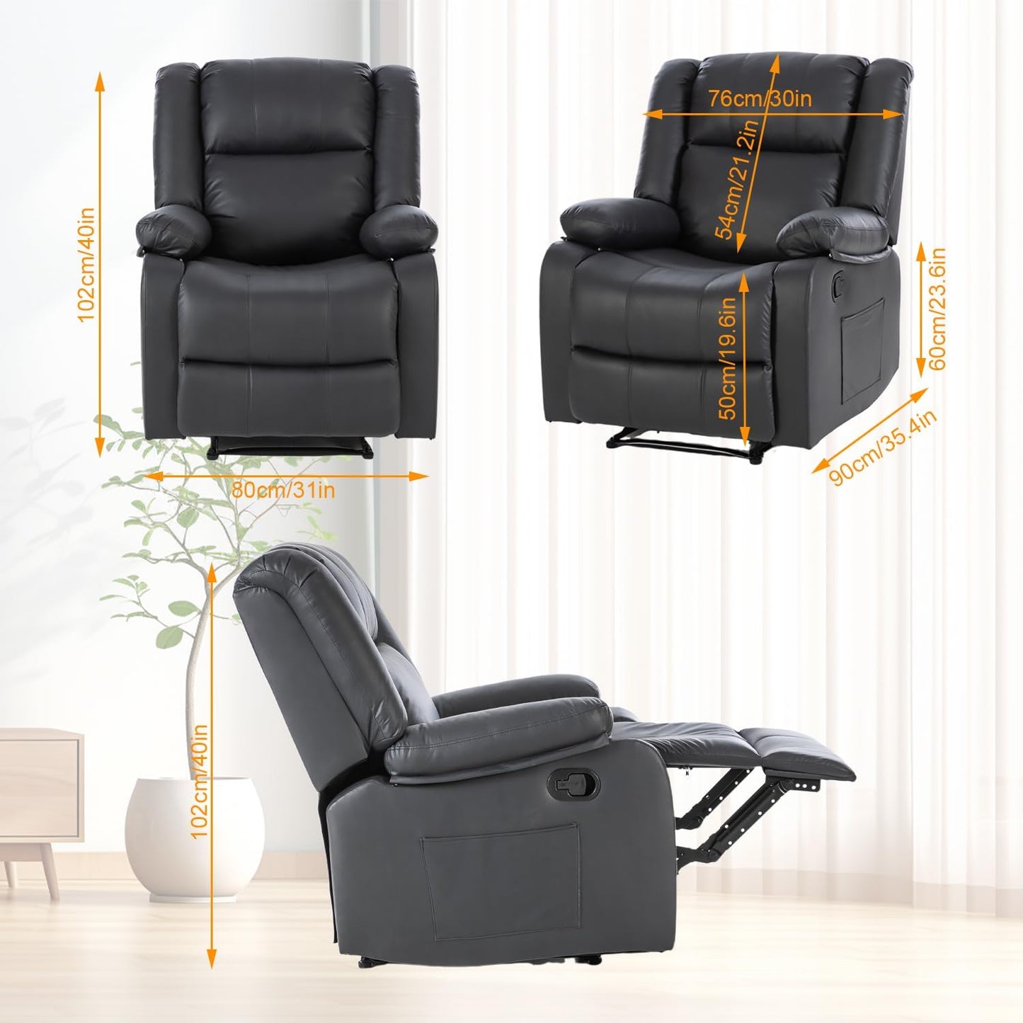 Chaise de bureau pour salon, fauteuil inclinable manuel en cuir synthétique, chaise moderne en cuir synthétique avec poches latérales, noir
