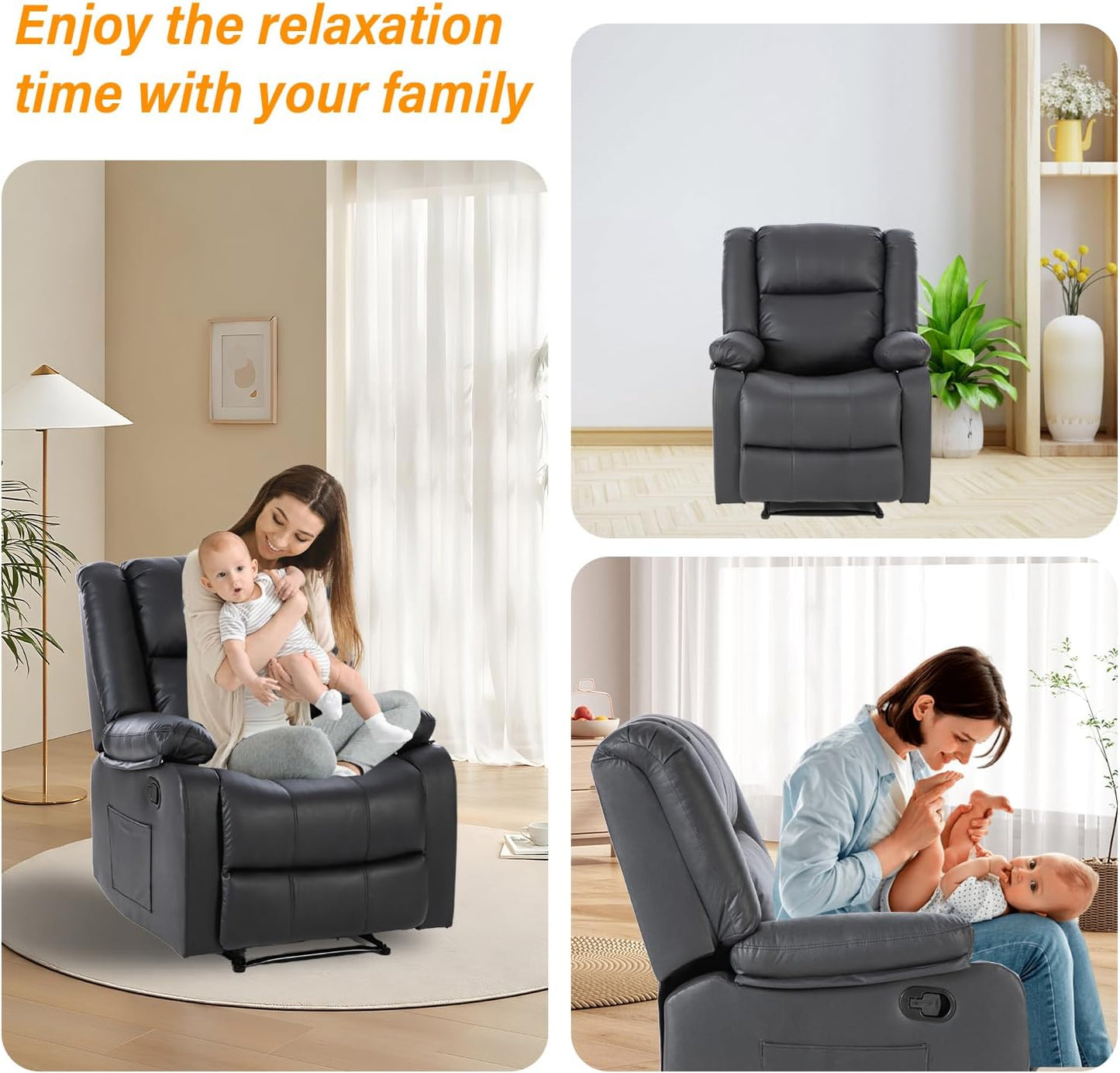 Chaise de bureau pour salon, fauteuil inclinable manuel en cuir synthétique, chaise moderne en cuir synthétique avec poches latérales, noir