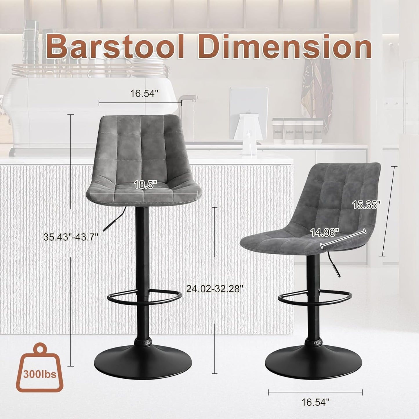 Bar Stools Set of 2, Swivel BarStools for Kitchen, Adjustable PU Leather Bar Chairs, Modern Armless Kitchen Island Stool, Height Adjustable Counter Stool Barstools Dining Chair with Back, Grey