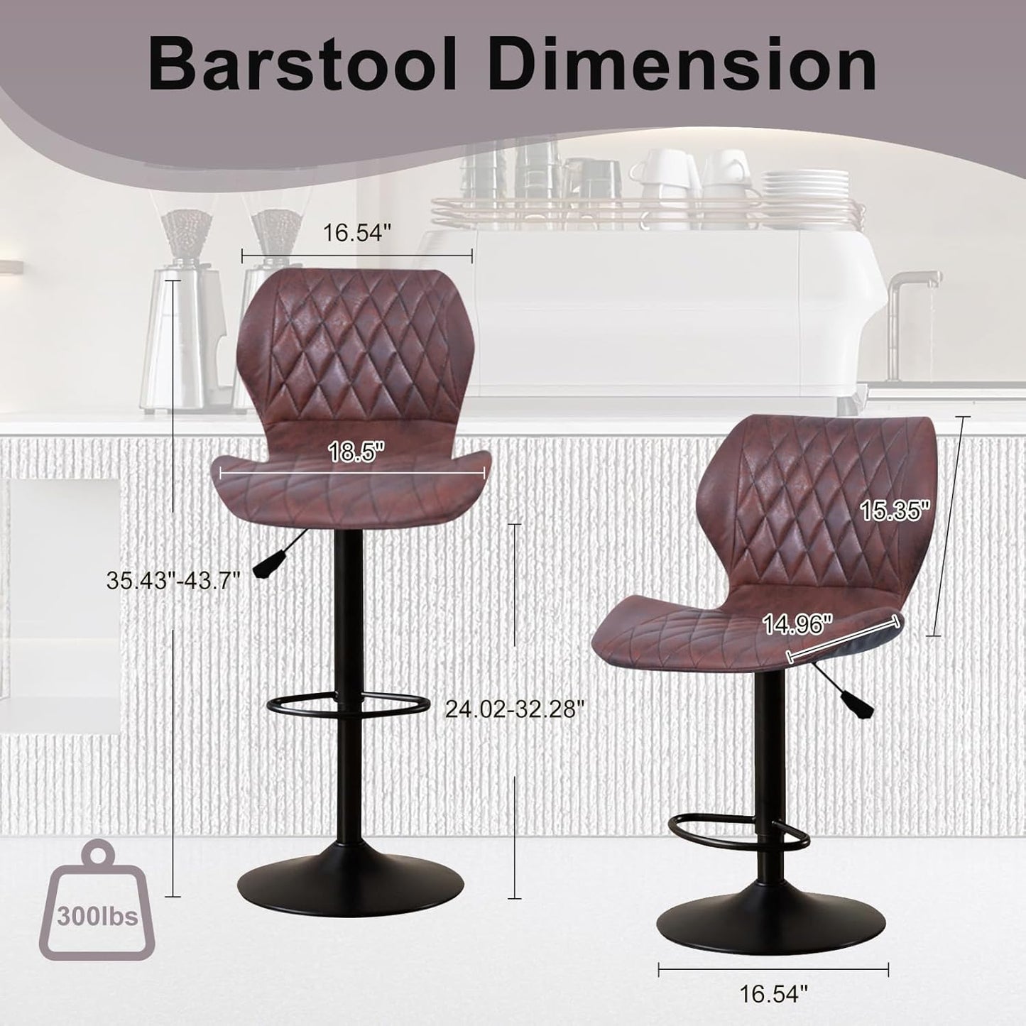 Bar Stools Set of 2, Swivel BarStools for Kitchen, Adjustable PU Leather Bar Chairs, Modern Armless Kitchen Island Stool, Height Adjustable Counter Stool Barstools Dining Chair with Back, Red