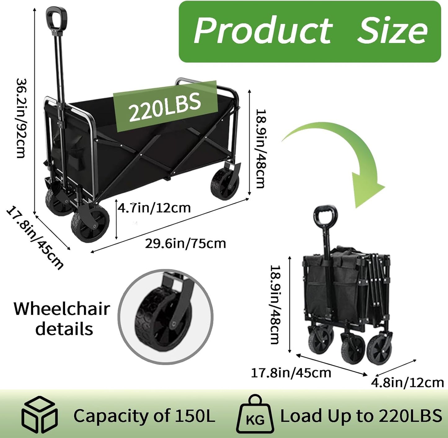 Yivke Cart Heavy Duty Foldable for Outdoor, Camp Cart Folding Wagon Camping, Utility Grocery Wagon with Side Pocket and Brakes for Shopping, Sports, Camping and Garden, Heavy Duty Beach Wagon