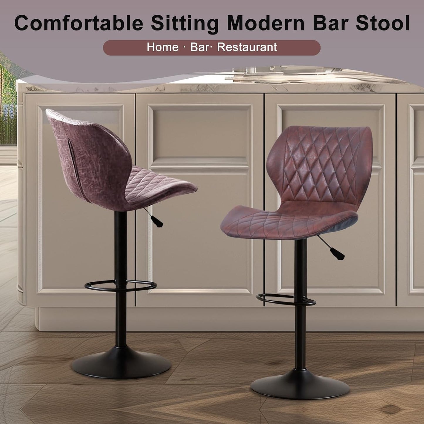 Bar Stools Set of 2, Swivel BarStools for Kitchen, Adjustable PU Leather Bar Chairs, Modern Armless Kitchen Island Stool, Height Adjustable Counter Stool Barstools Dining Chair with Back, Red