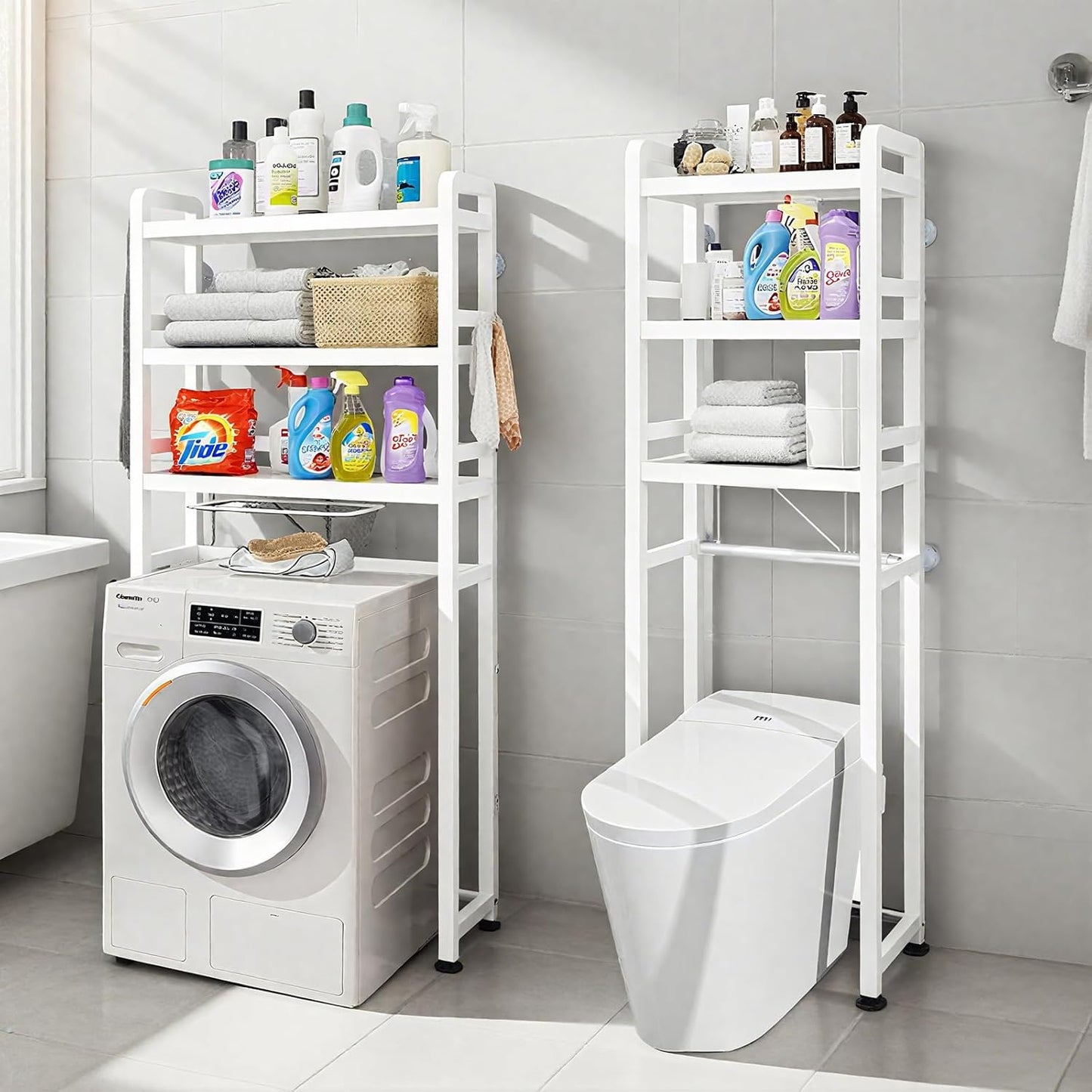 Yivke Over-The-Toilet Storage Rack, Adjustable Bathroom Organizer Shelf Over Toilet, Freestanding Storage Shelf with 4 Hooks for Bathroom, Freestanding Saver Shelf for Bathroom,Kitchen, White