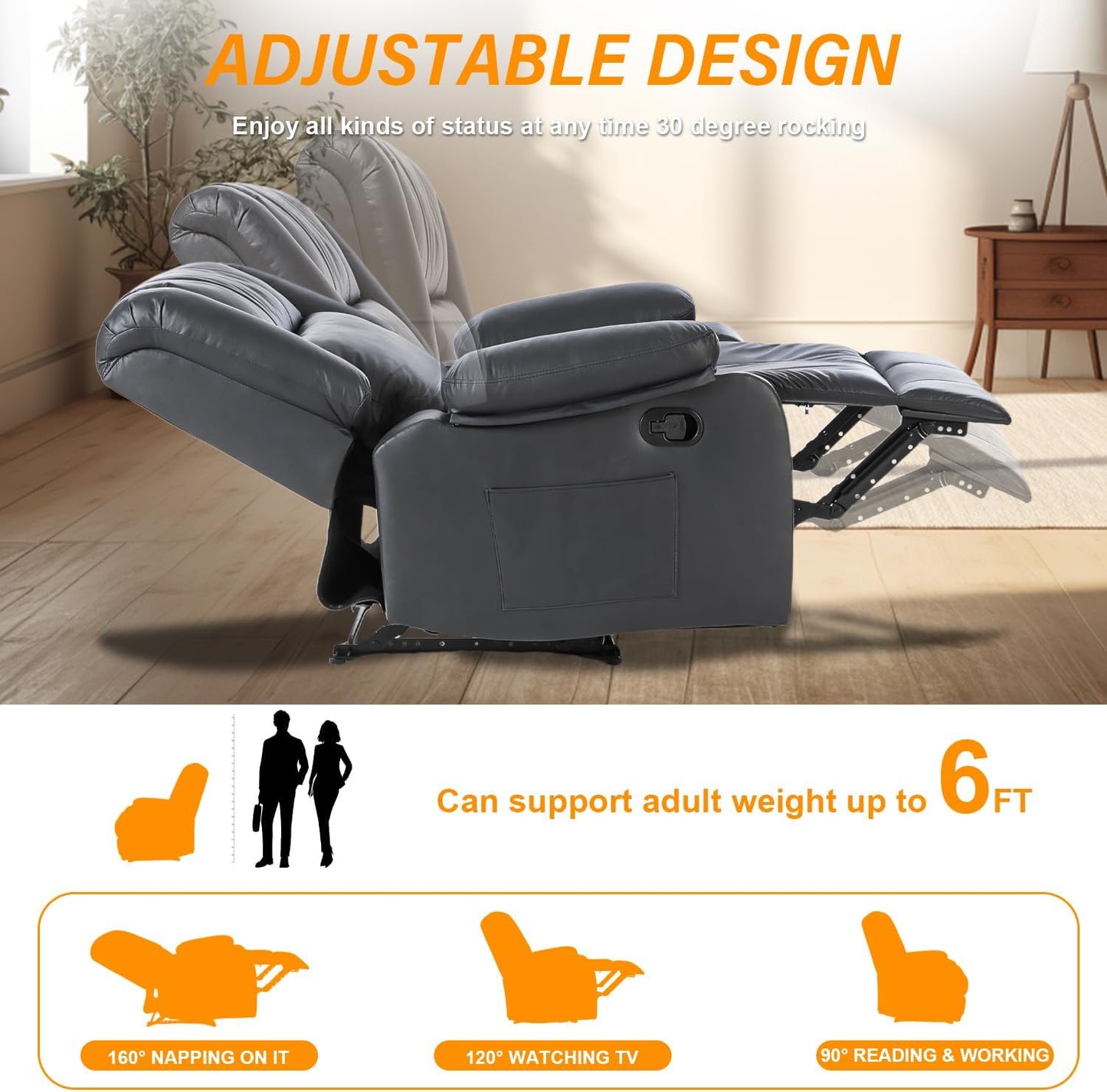 Chaise de bureau pour salon, fauteuil inclinable manuel en cuir synthétique, chaise moderne en cuir synthétique avec poches latérales, noir