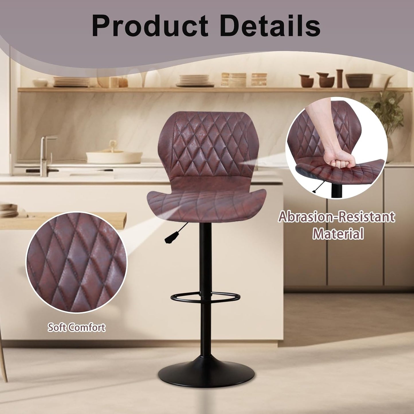 Bar Stools Set of 2, Swivel BarStools for Kitchen, Adjustable PU Leather Bar Chairs, Modern Armless Kitchen Island Stool, Height Adjustable Counter Stool Barstools Dining Chair with Back, Red