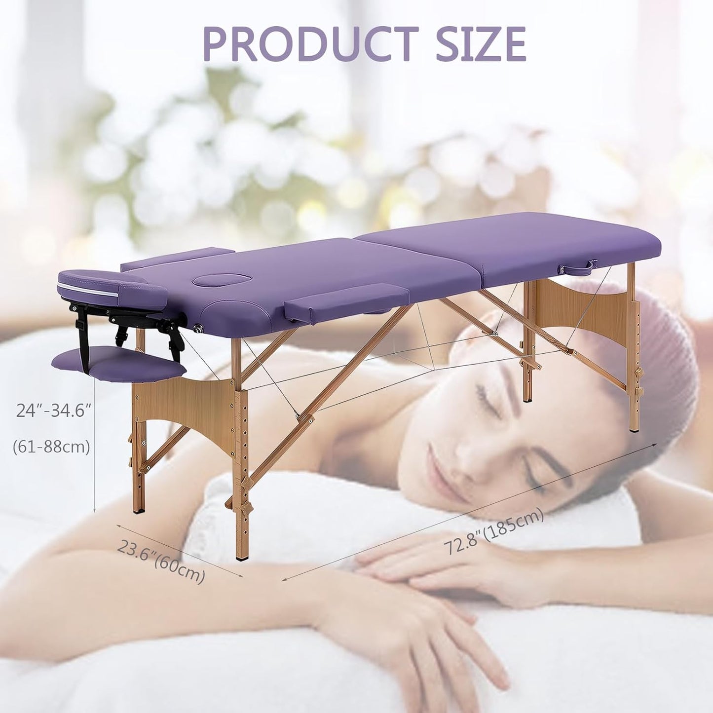 Yivke 72.8" Massage Table, Portable Massage Bed, 450LBS Capacity, One-Hand Portable, 24"-34.6" Adjustable Height for Lash/Facial/Message (Purple)