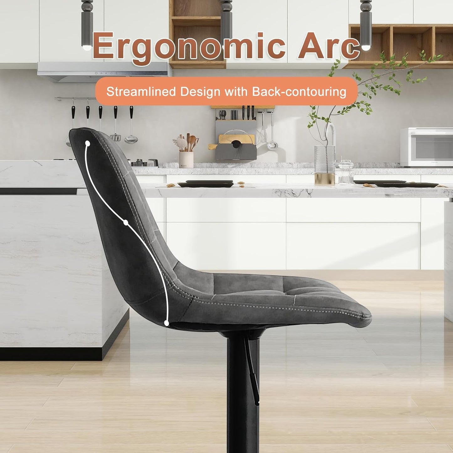 Bar Stools Set of 2, Swivel BarStools for Kitchen, Adjustable PU Leather Bar Chairs, Modern Armless Kitchen Island Stool, Height Adjustable Counter Stool Barstools Dining Chair with Back, Grey