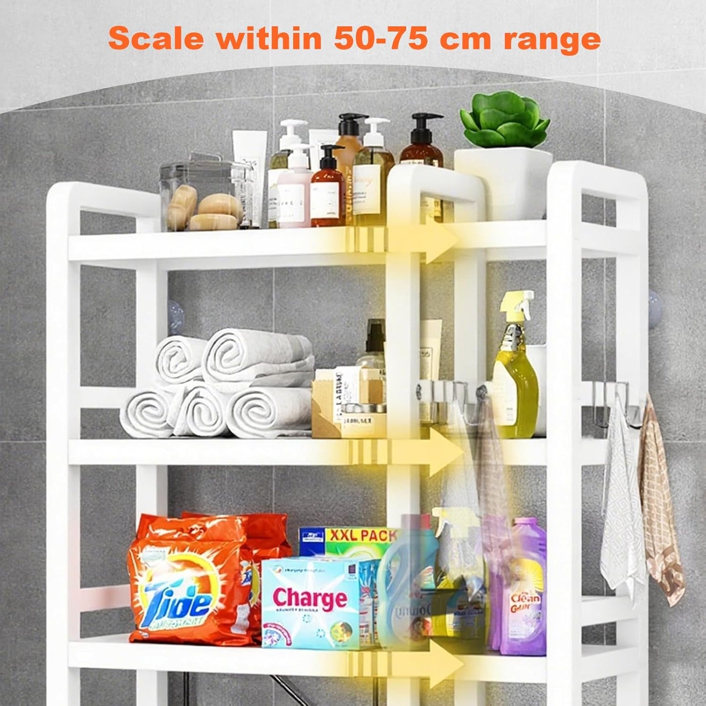 Yivke Over-The-Toilet Storage Rack, Adjustable Bathroom Organizer Shelf Over Toilet, Freestanding Storage Shelf with 4 Hooks for Bathroom, Freestanding Saver Shelf for Bathroom,Kitchen, White