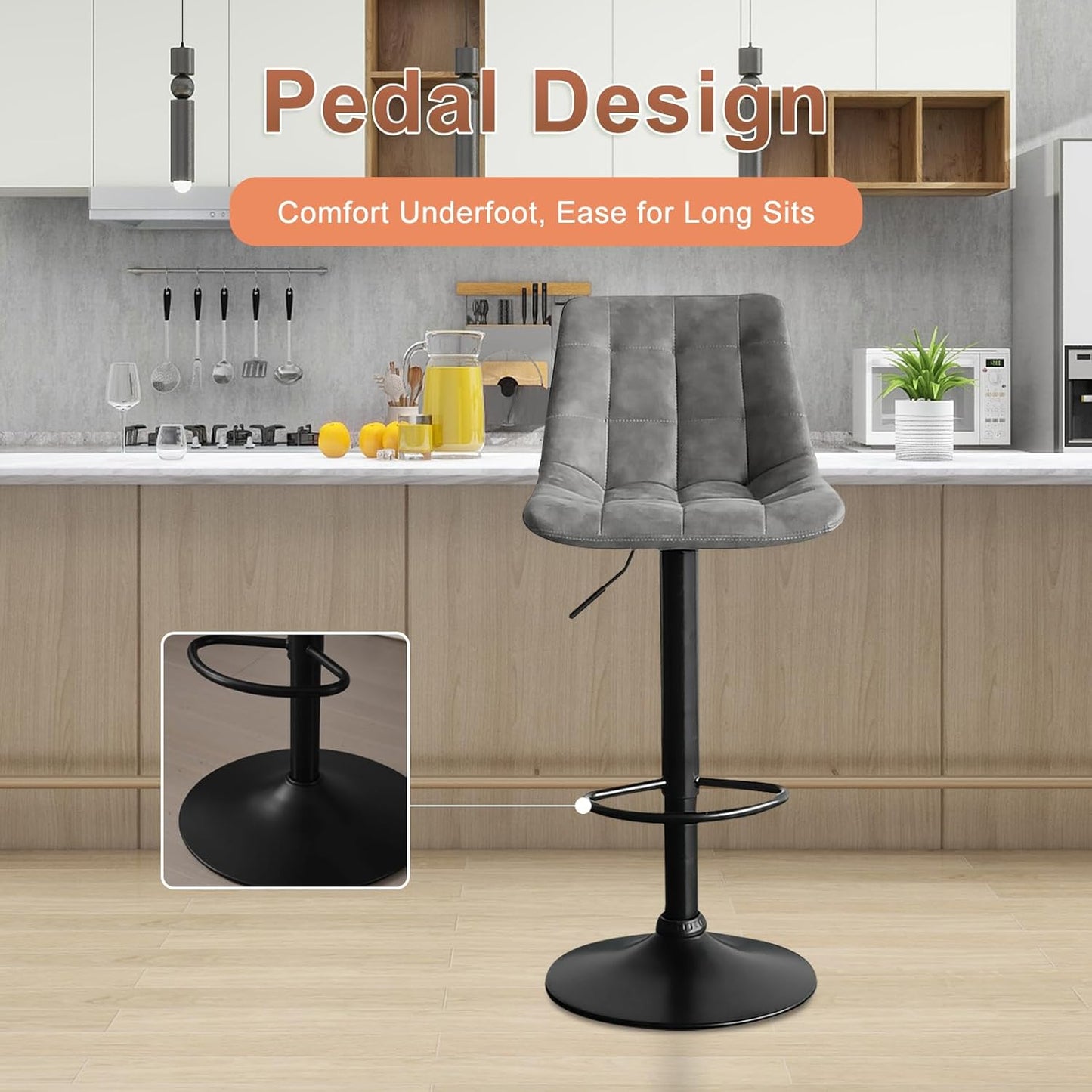 Bar Stools Set of 2, Swivel BarStools for Kitchen, Adjustable PU Leather Bar Chairs, Modern Armless Kitchen Island Stool, Height Adjustable Counter Stool Barstools Dining Chair with Back, Grey