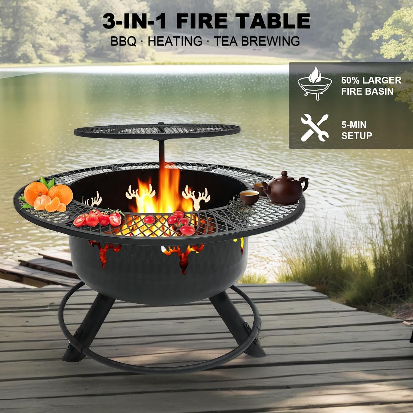 Yivke 30.5" 3-Tier Outdoor Fire Pit,Top-Rotating Grill, Storage Shelf & Fire Basin with Poker/Grill Net Rotating Gatio, Storage Deck Fire Bowl, BBQ Fire Pit, Bonfire, Camping, Backyard, Black