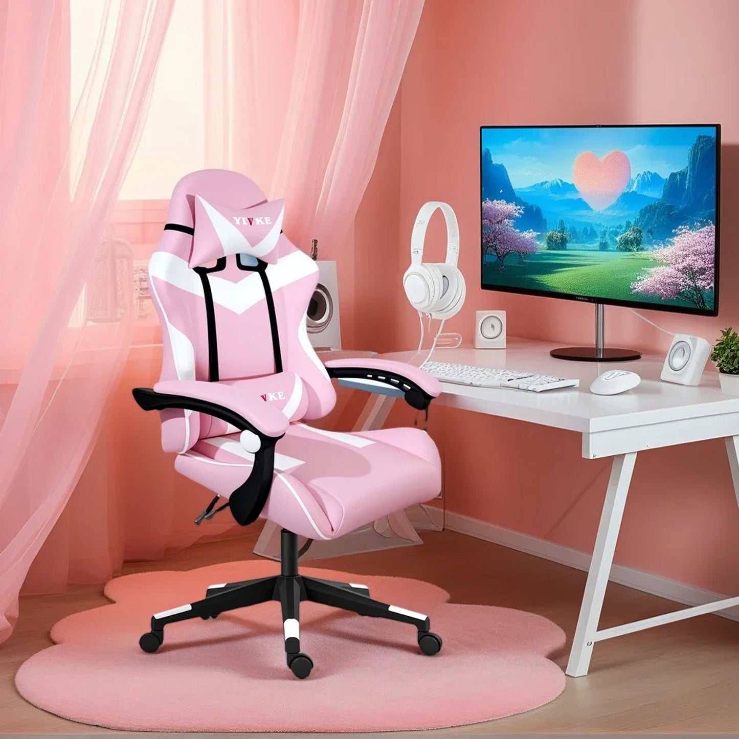 Chaise de jeu YT208F avec appui-tête et soutien lombaire, chaise de bureau de course en cuir PU, chaise de jeu haute réglable, angle de 135°, design ergonomique avec repose-pieds (blanc rose)