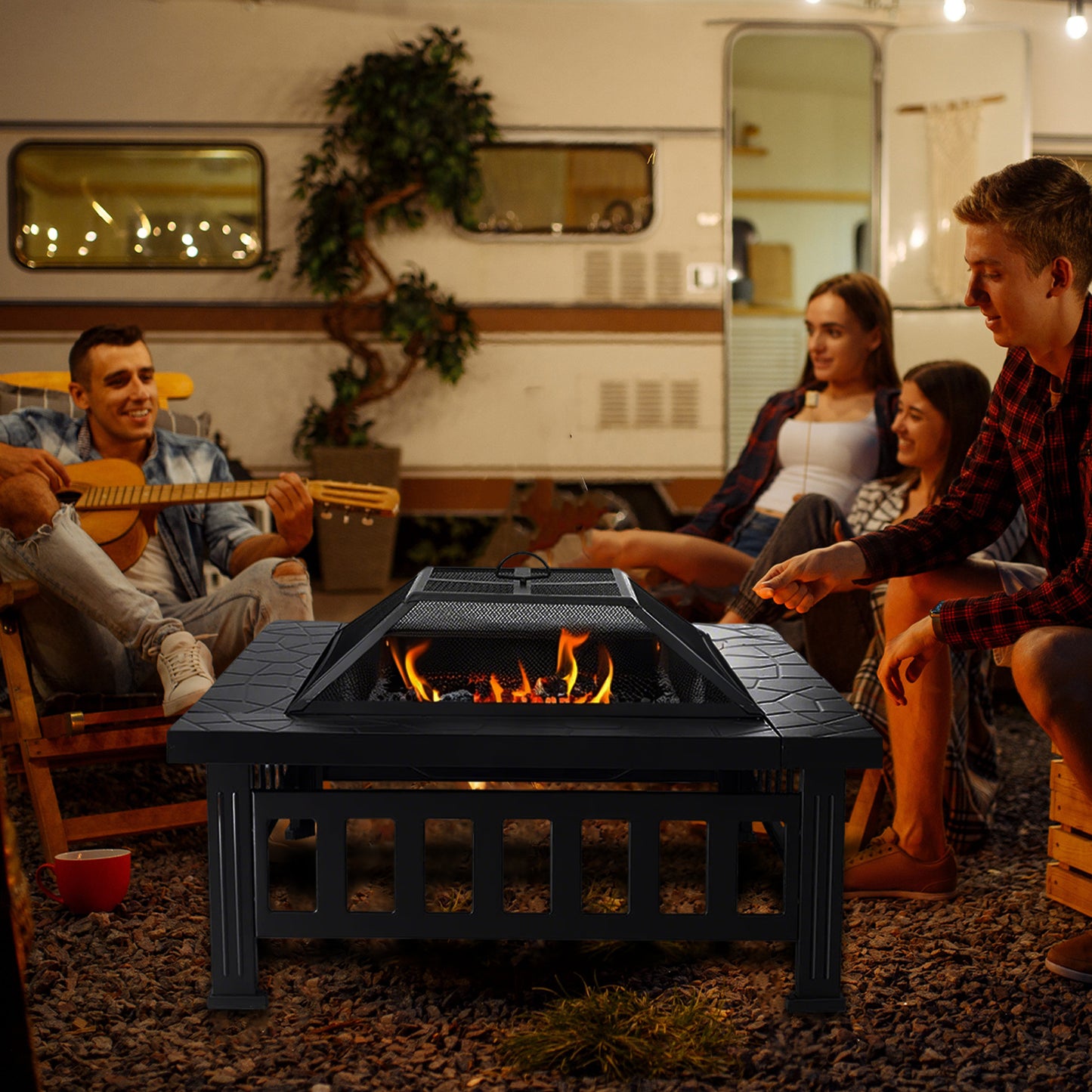 32" Fire Pit Table for Outside,Outdoor Fire Pit Square Wood Burning with Spark Screen Fire Poker for Camping,Backyard,Patio(Black)