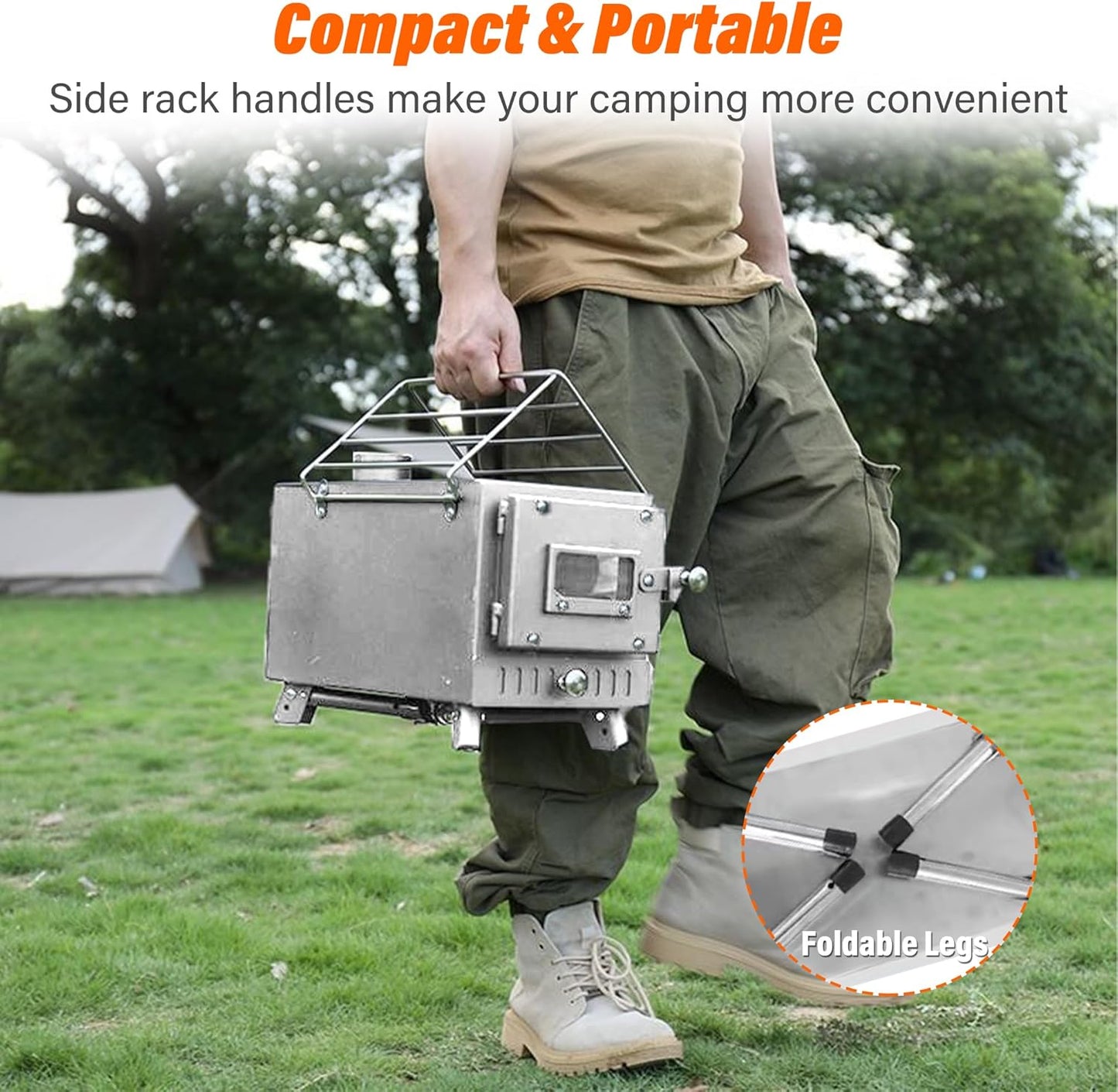 Poêle à bois en titane avec fenêtre latérale, poêle à bois pour tente avec conduits de cheminée, réchaud de camping pliable et portable, robuste, verre résistant à la chaleur et gants