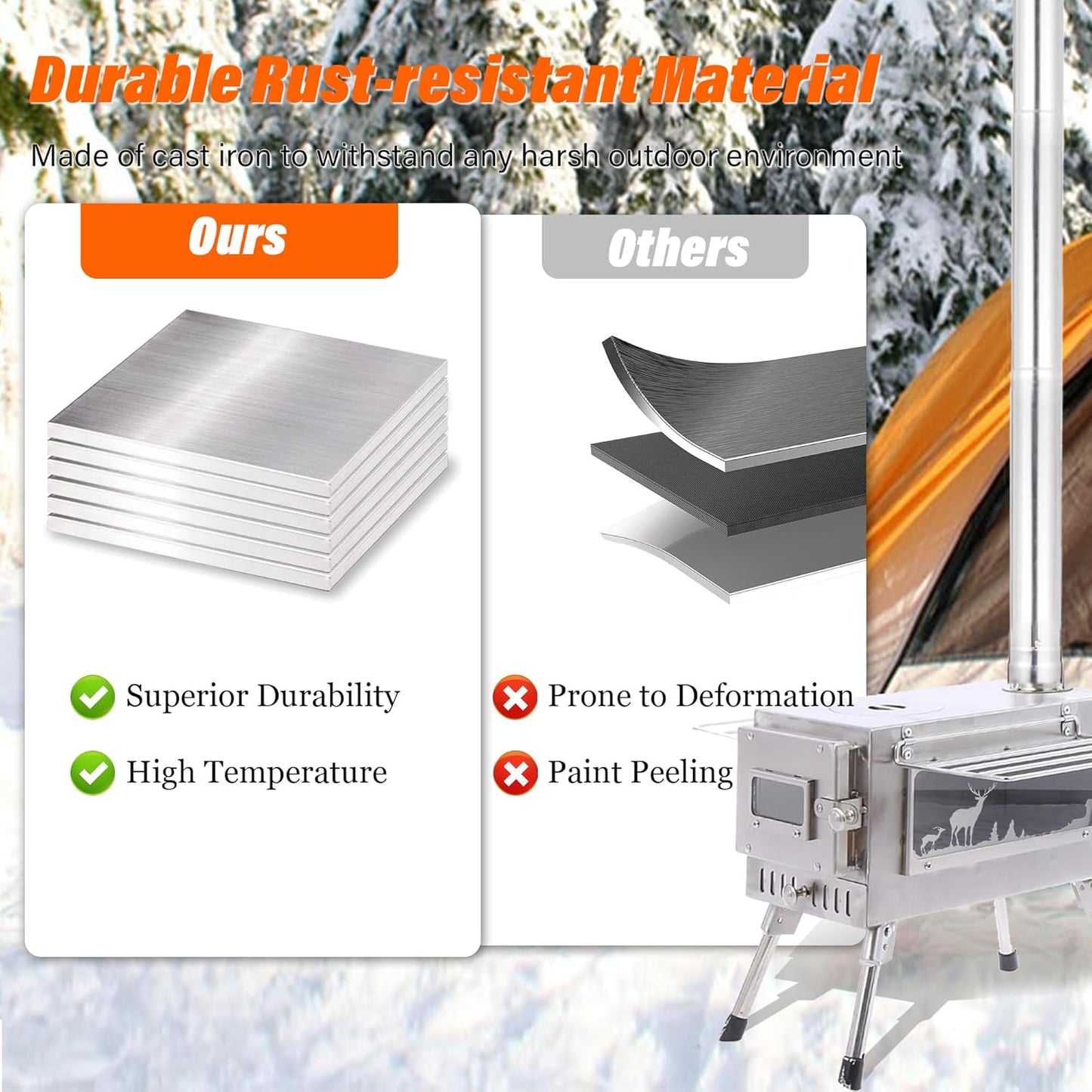 Poêle à bois en titane avec fenêtre latérale, poêle à bois pour tente avec conduits de cheminée, réchaud de camping pliable et portable, robuste, verre résistant à la chaleur et gants