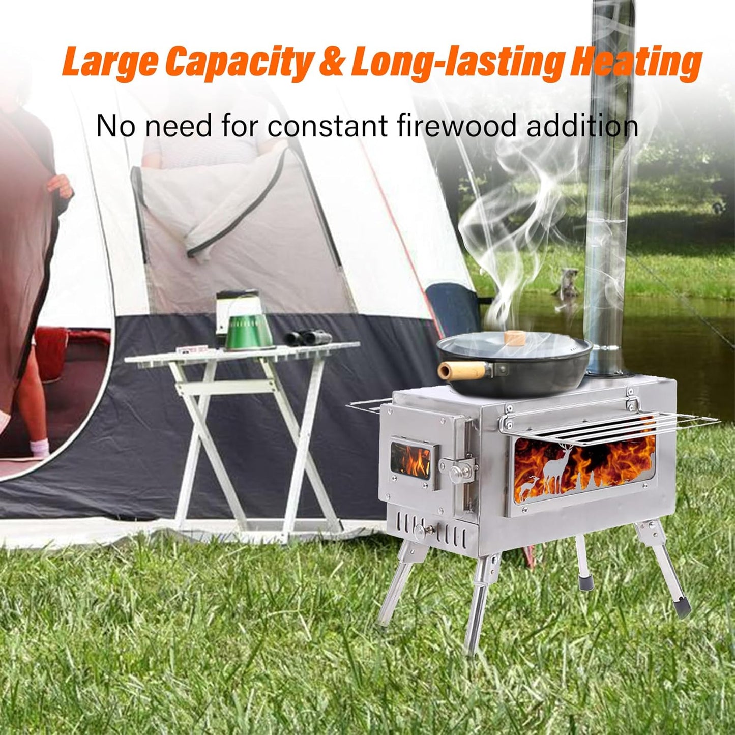 Poêle à bois en titane avec fenêtre latérale, poêle à bois pour tente avec conduits de cheminée, réchaud de camping pliable et portable, robuste, verre résistant à la chaleur et gants