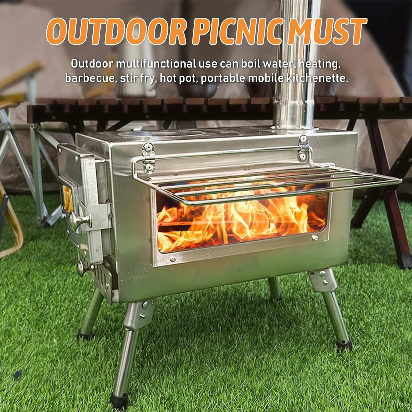 Poêle à bois en titane avec fenêtre latérale, poêle à bois pour tente avec conduits de cheminée, réchaud de camping pliable et portable, robuste, verre résistant à la chaleur et gants