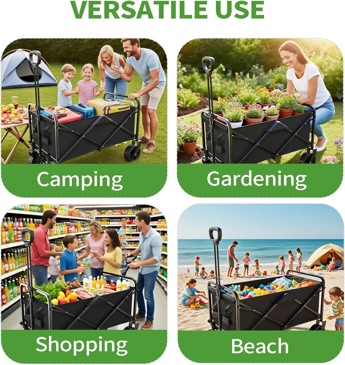 Yivke Cart Heavy Duty Foldable for Outdoor, Camp Cart Folding Wagon Camping, Utility Grocery Wagon with Side Pocket and Brakes for Shopping, Sports, Camping and Garden, Heavy Duty Beach Wagon